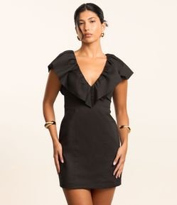 Vestido Curto em Tricoline com Decote V com Babado