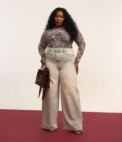Calça Wide Leg Jeans Dirty Barra Desfiada Curve & Plus Size