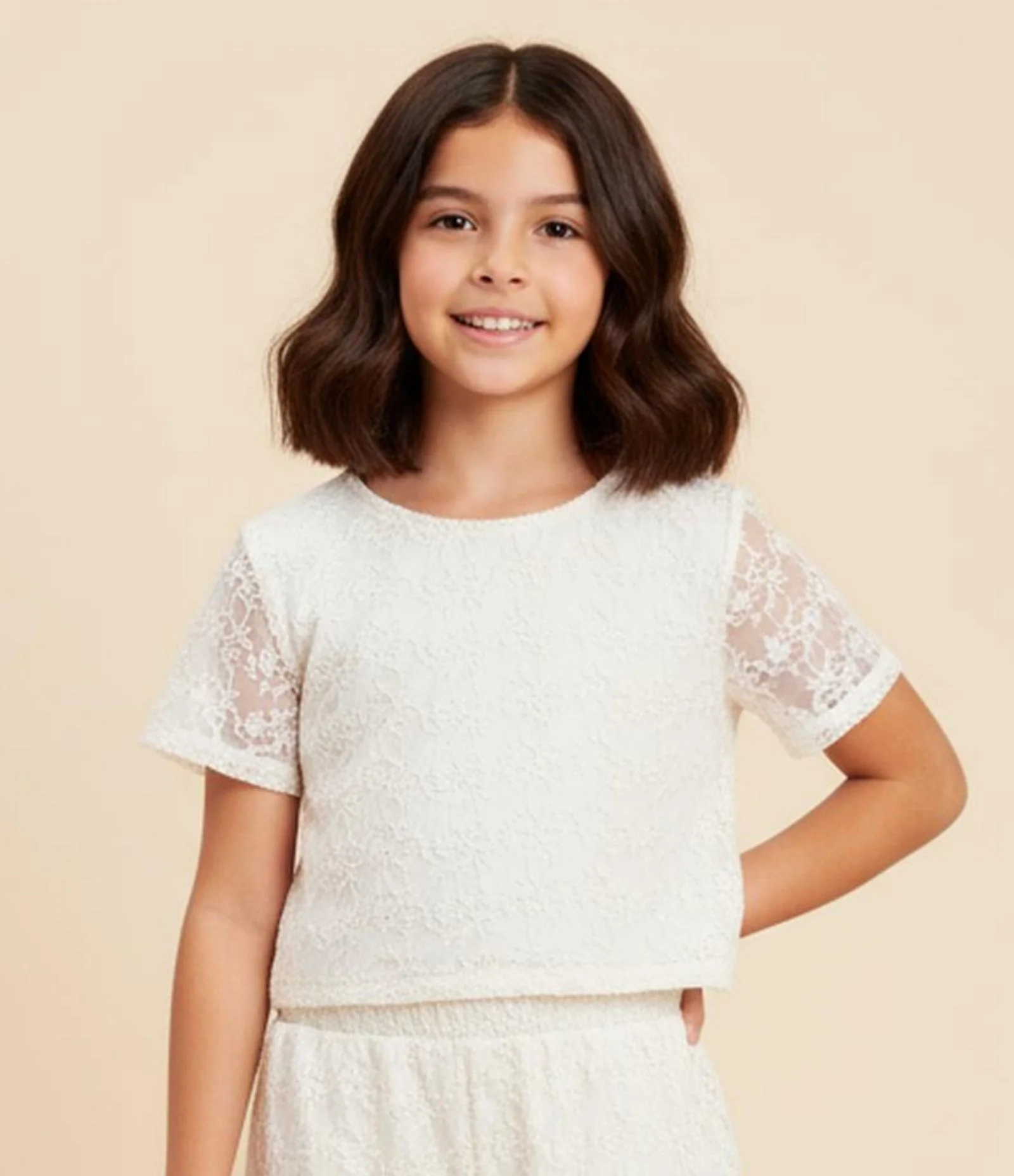 Blusa Cropped Infantil em Tule Bordado - Tam 5 a 14 Anos Off White 1