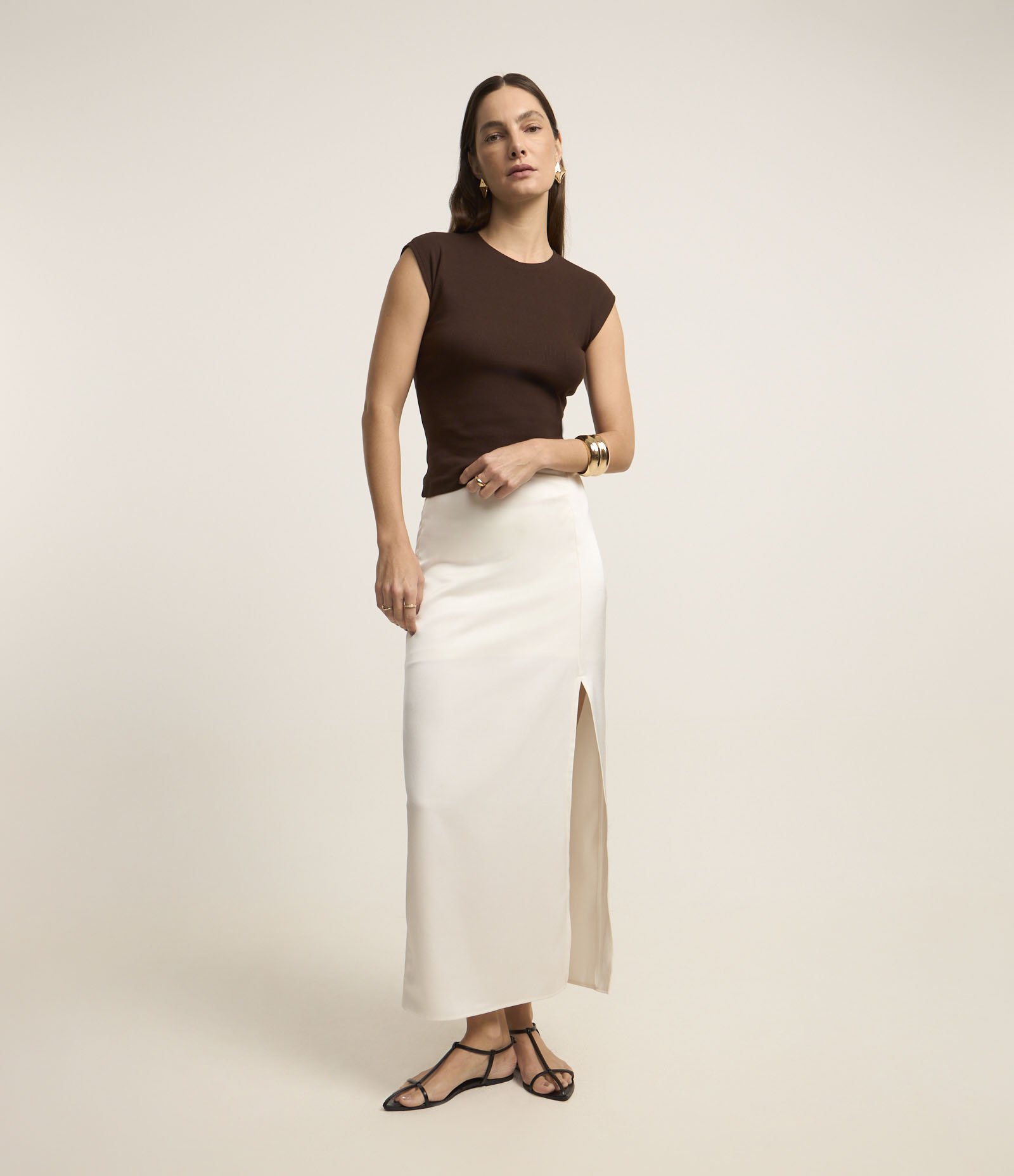 Saia Longa em Cetim com Drapeado e Fenda Frontal Branco 1