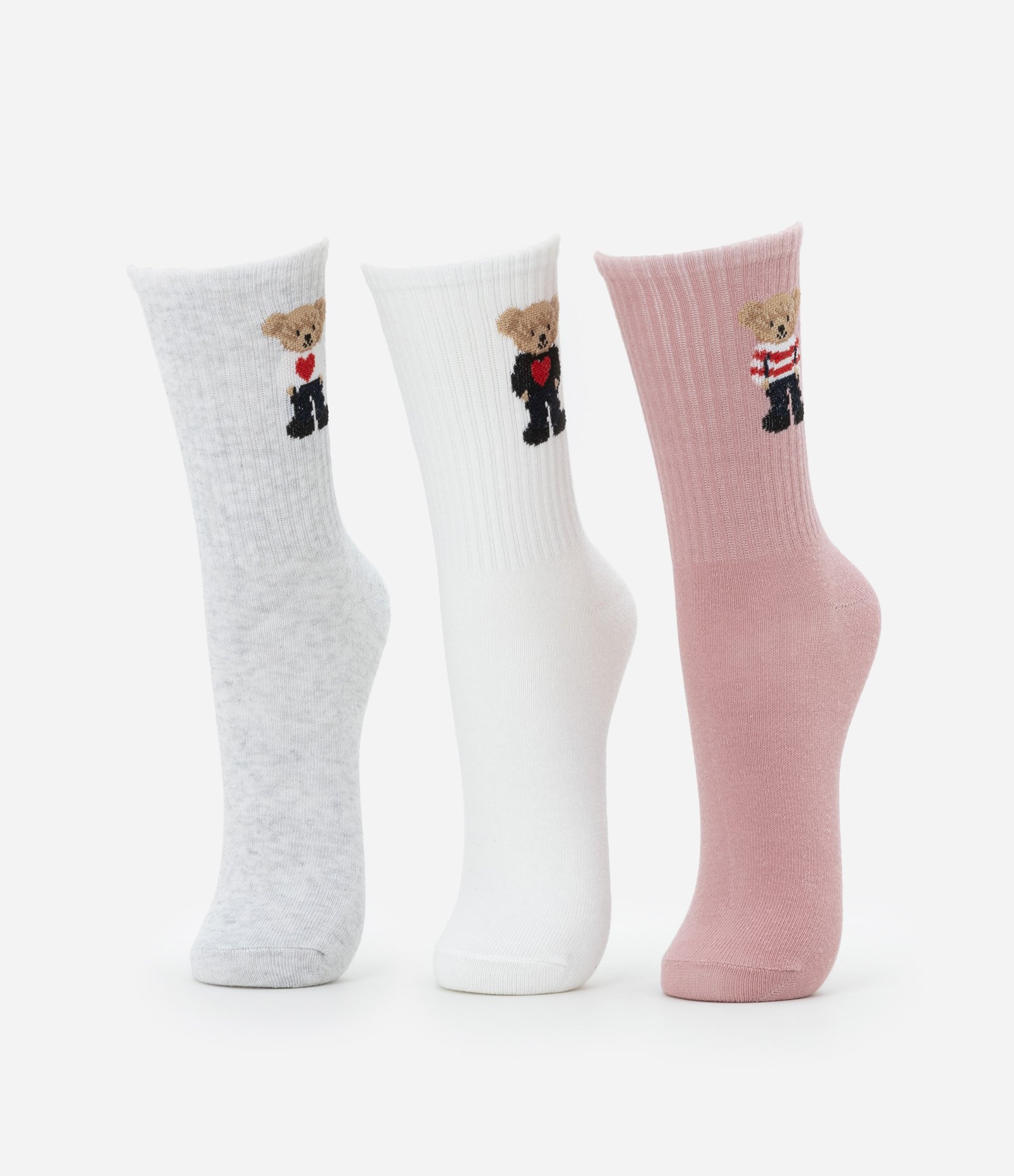 Kit 03 Meias em Algodão com Estampa de Ursinhos Cinza/Branco/Vermelho 1