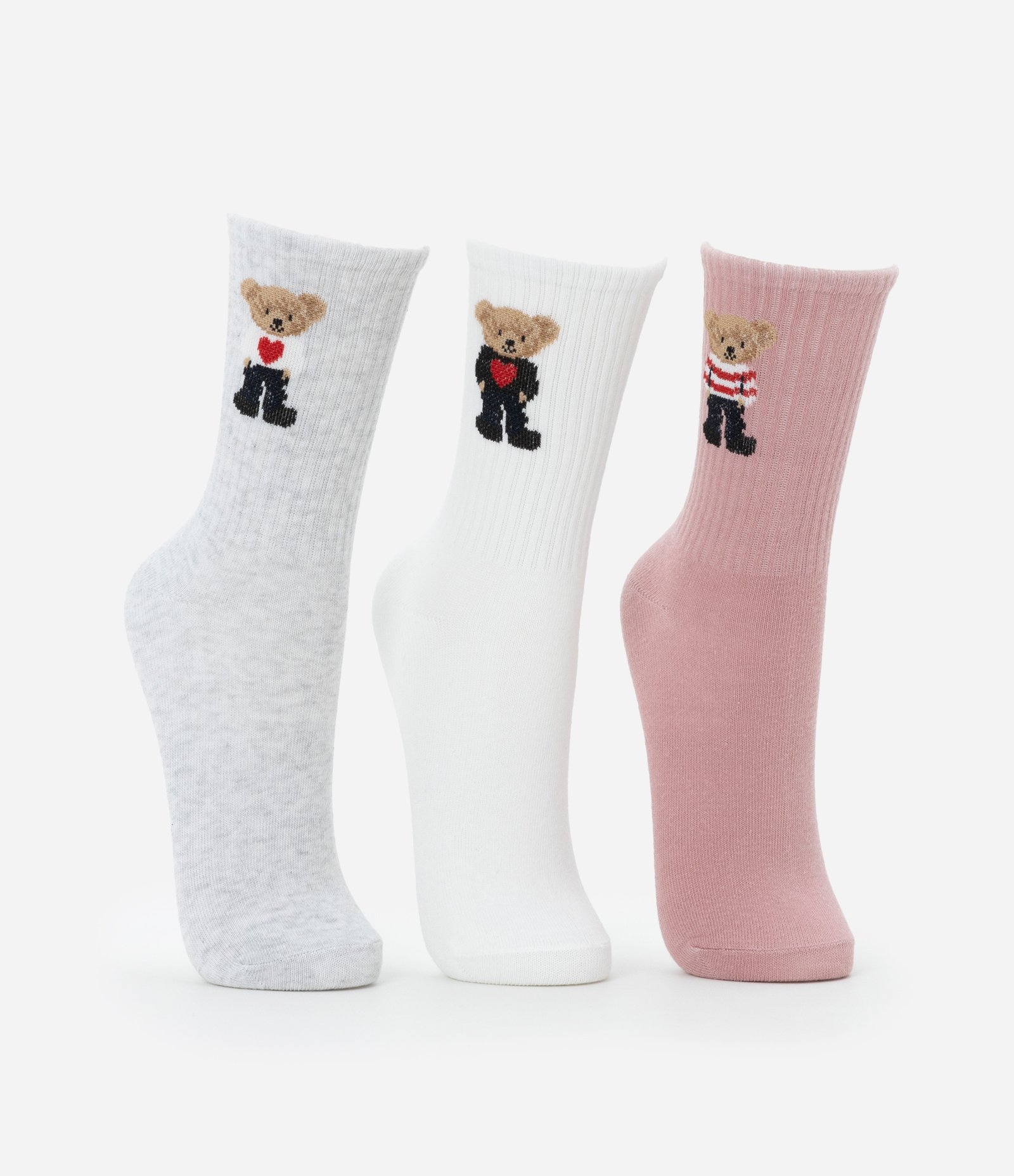 Kit 03 Meias em Algodão com Estampa de Ursinhos Cinza/Branco/Vermelho 2