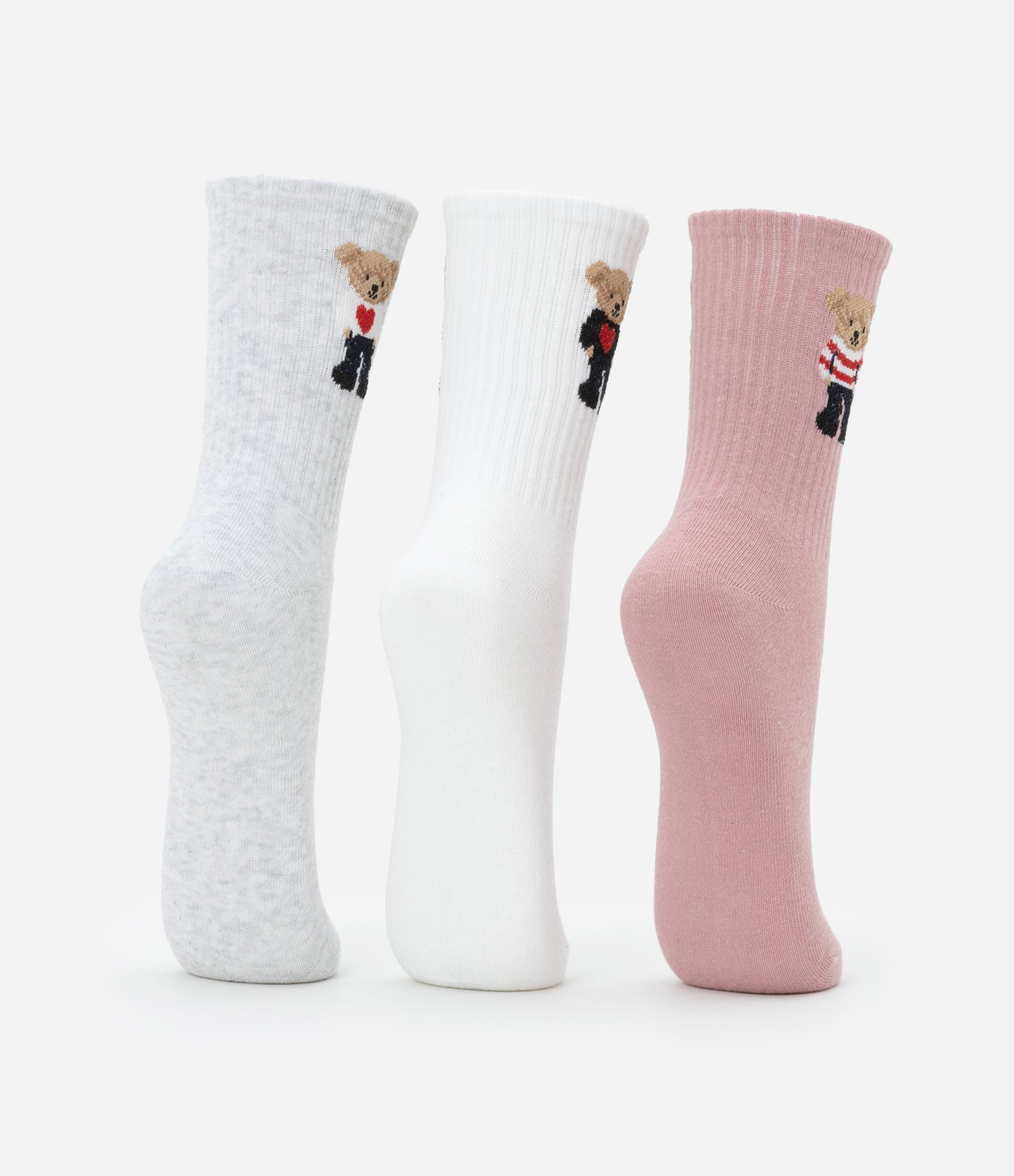 Kit 03 Meias em Algodão com Estampa de Ursinhos Cinza/Branco/Vermelho 3
