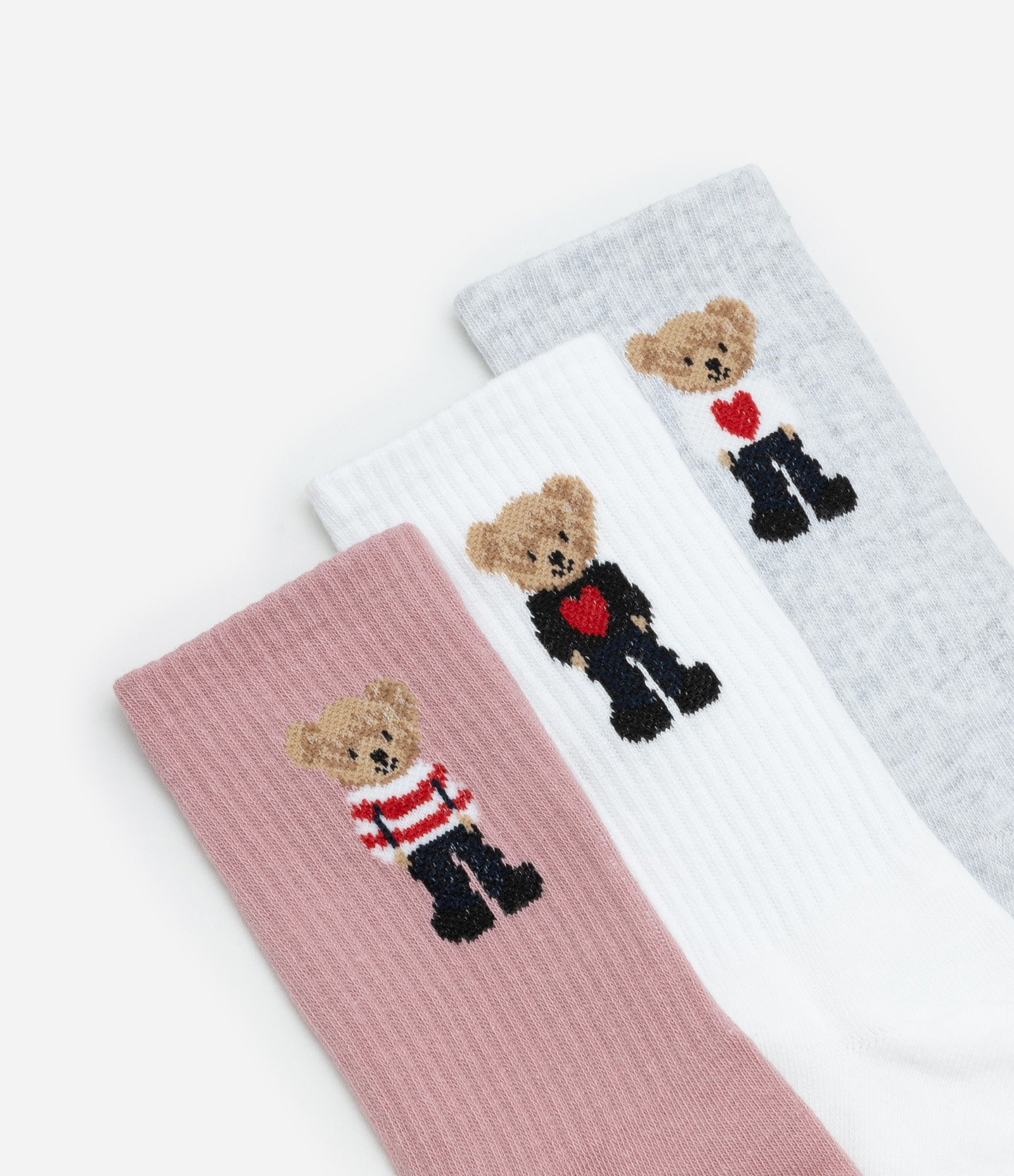 Kit 03 Meias em Algodão com Estampa de Ursinhos Cinza/Branco/Vermelho 4