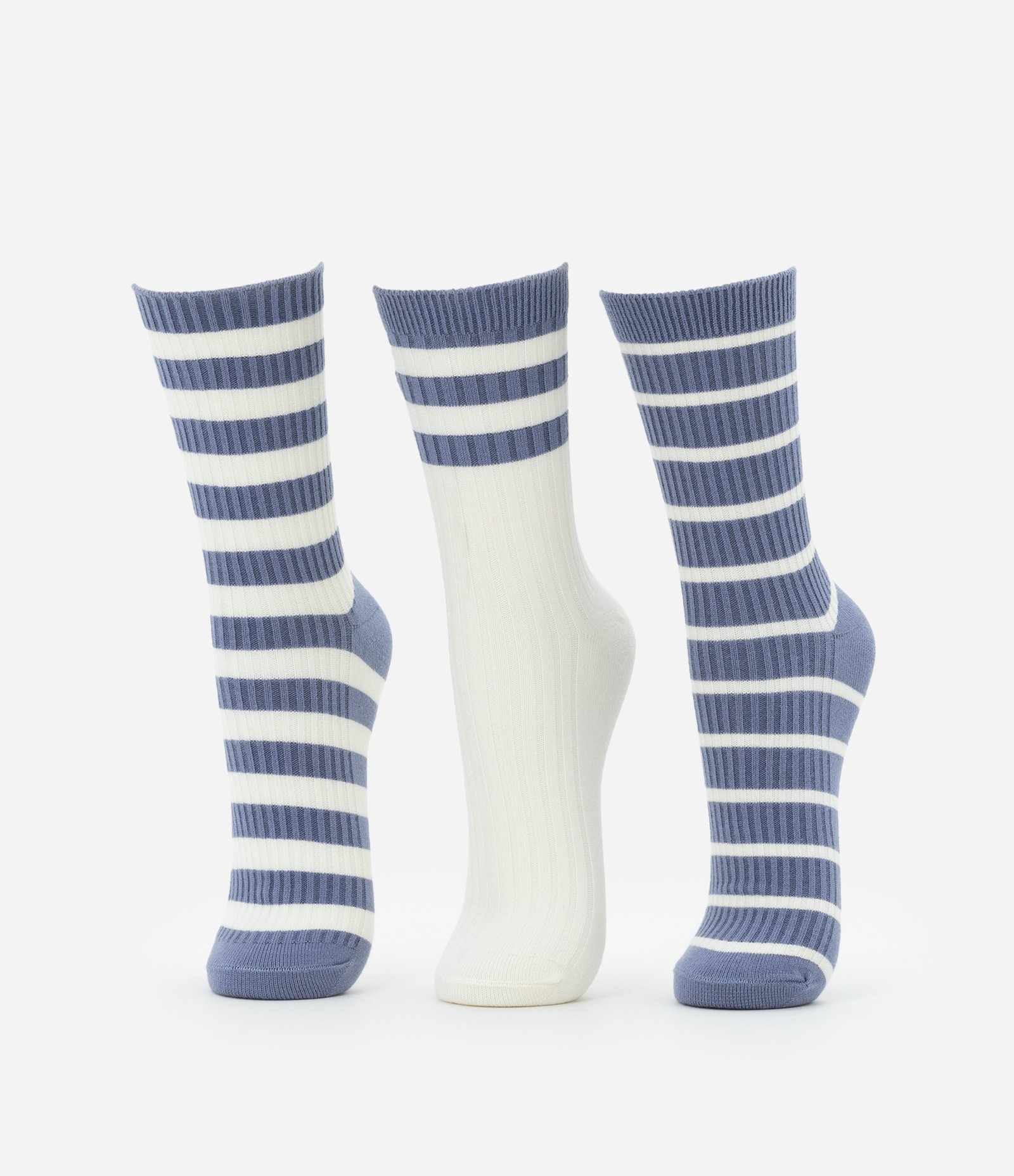 Kit 03 Meias Esportivas Cano Alto em Poliamida Listrada com Bordado Motivation Branco/Azul 1