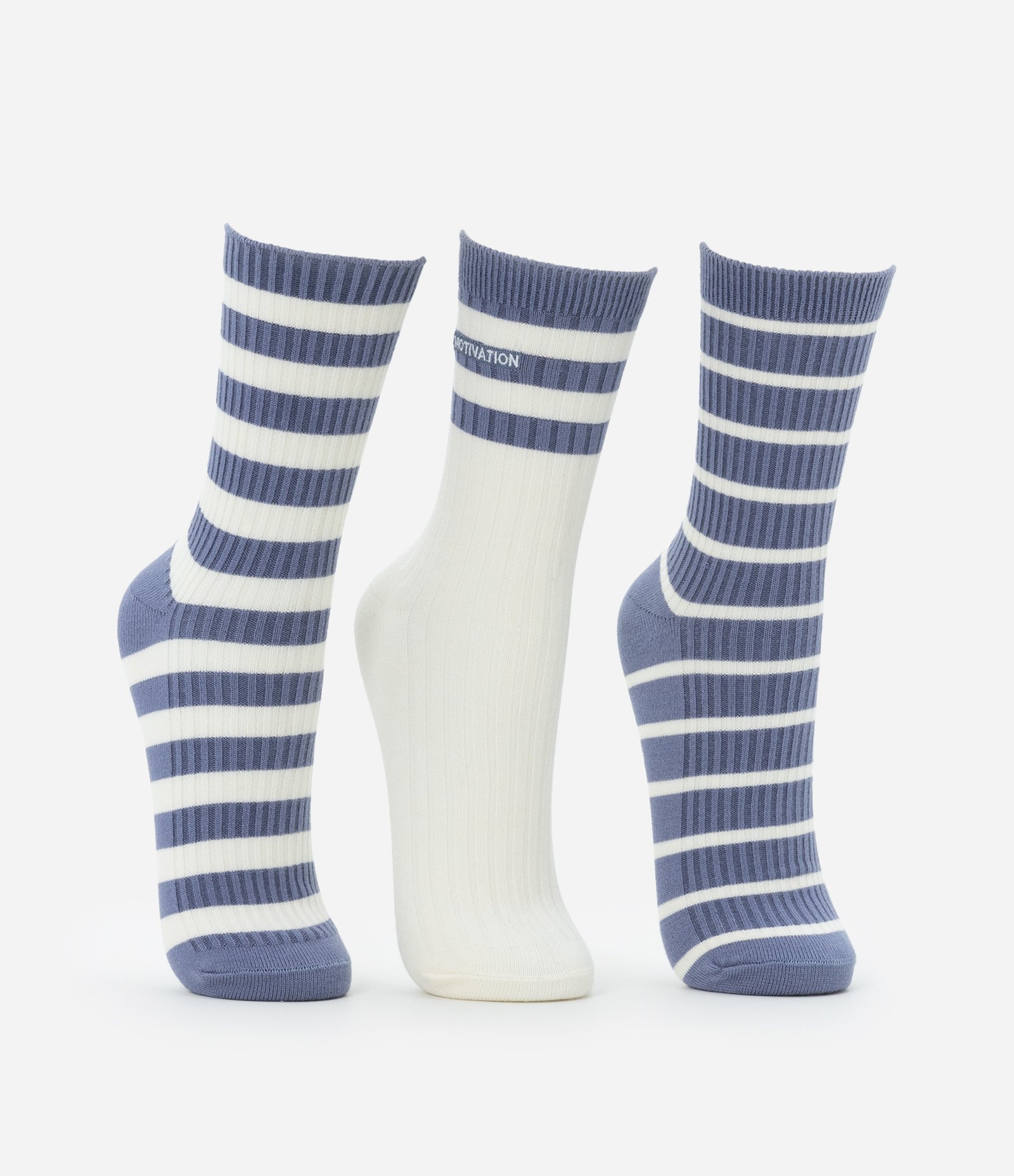 Kit 03 Meias Esportivas Cano Alto em Poliamida Listrada com Bordado Motivation Branco/Azul 2