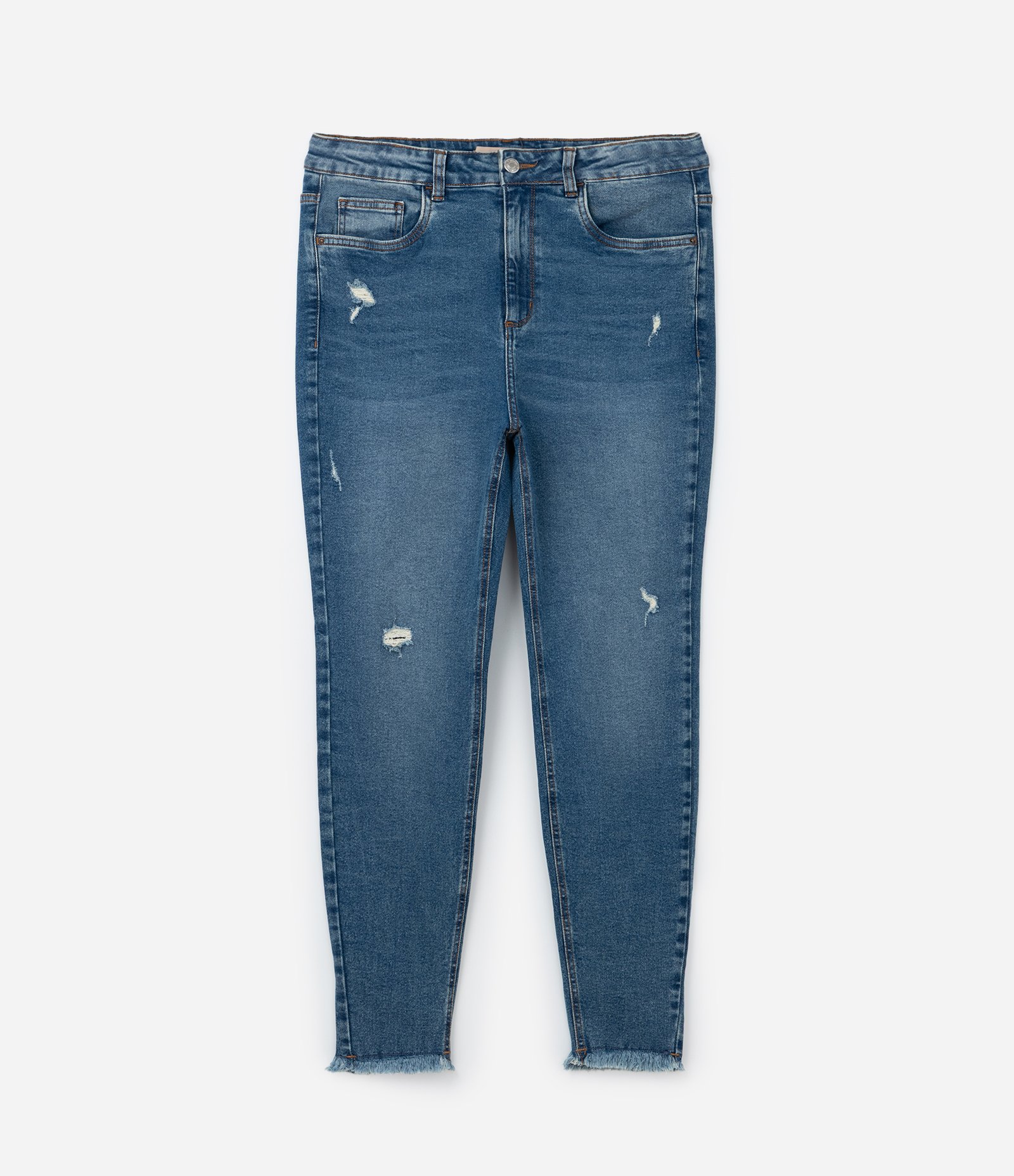 Calça Skinny em Jeans com Puídos e Barra Desfiada Curve & Plus Size Azul 6