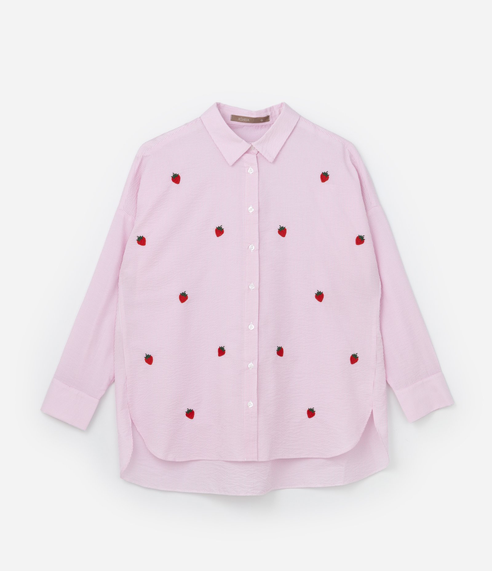 Camisa Listrada e Bordada de Morango Curve & Plus Size Rosa/Branco 4