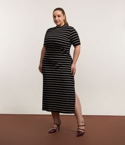 Vestido Midi Canelado em Ribana com Listras Curve & Plus Size