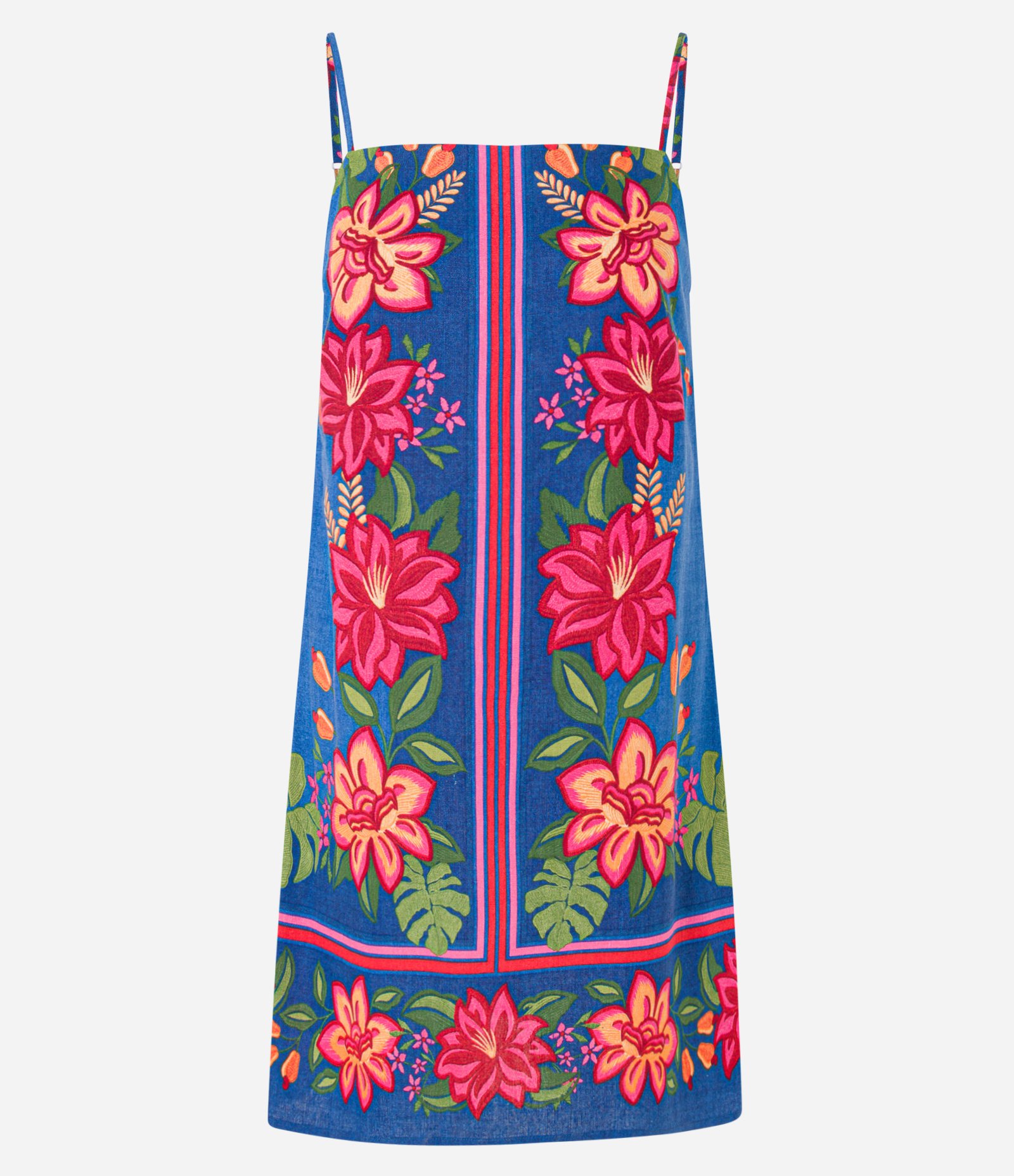 Vestido Evasê Curto em Viscose e Linho com Estampa Floral Azul 4