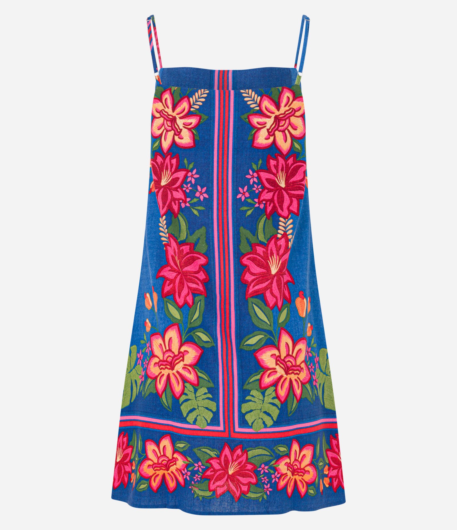 Vestido Evasê Curto em Viscose e Linho com Estampa Floral Azul 5