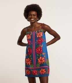 Vestido Evasê Curto em Viscose e Linho com Estampa Floral