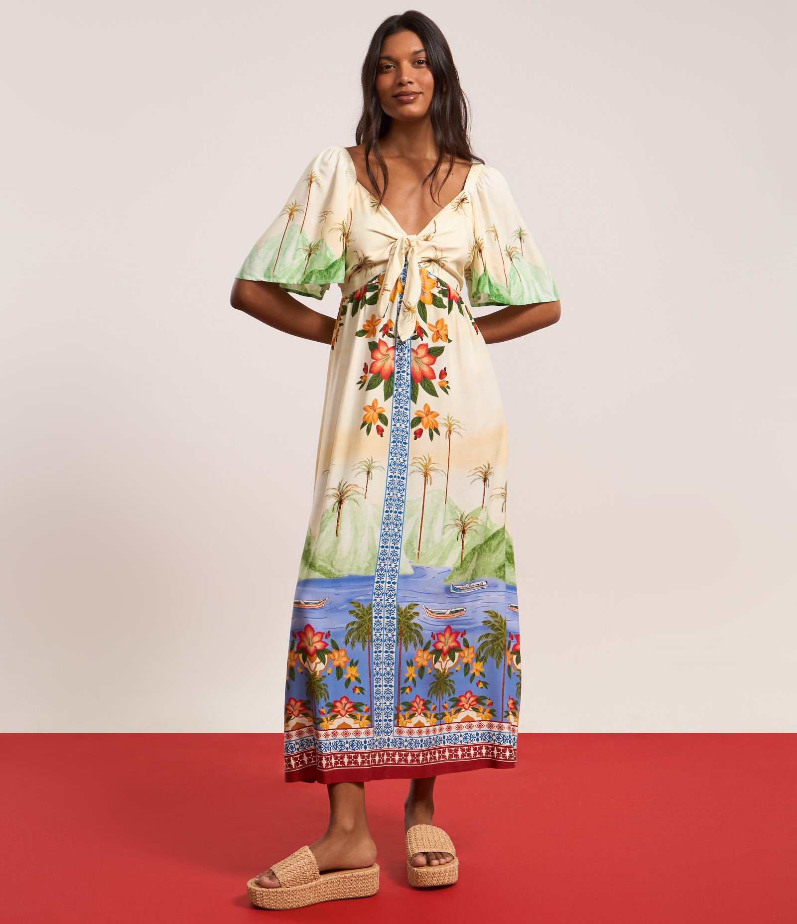 Vestido New Midi em Viscose com Estampa Tropical Bege 6