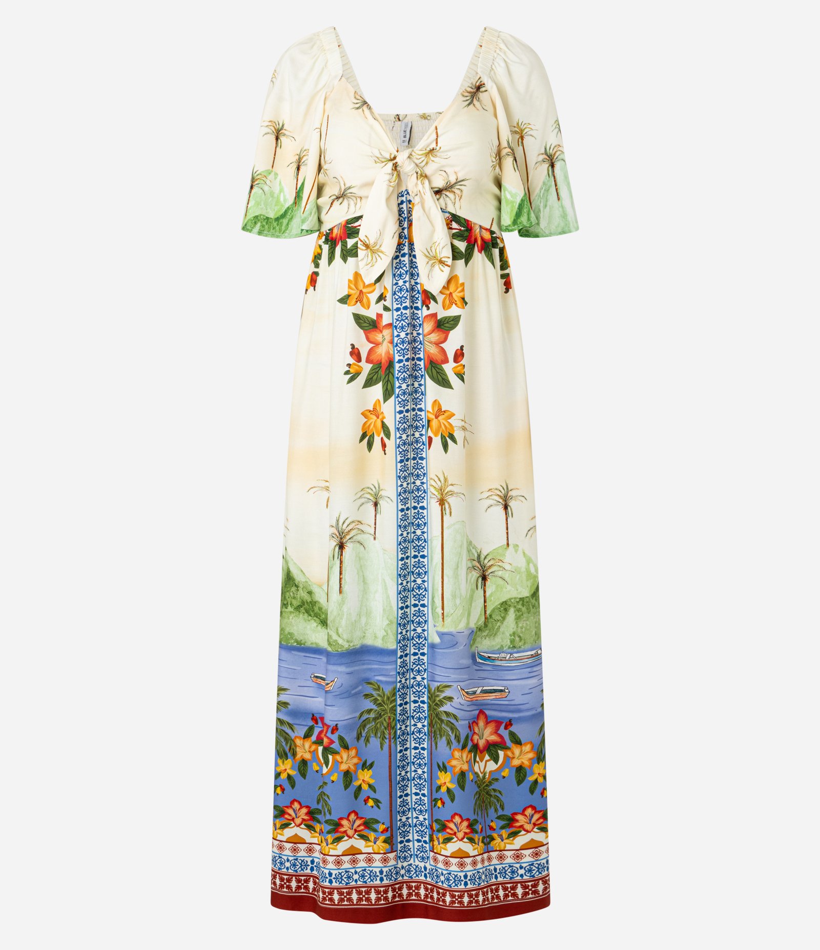 Vestido New Midi em Viscose com Estampa Tropical Bege 7