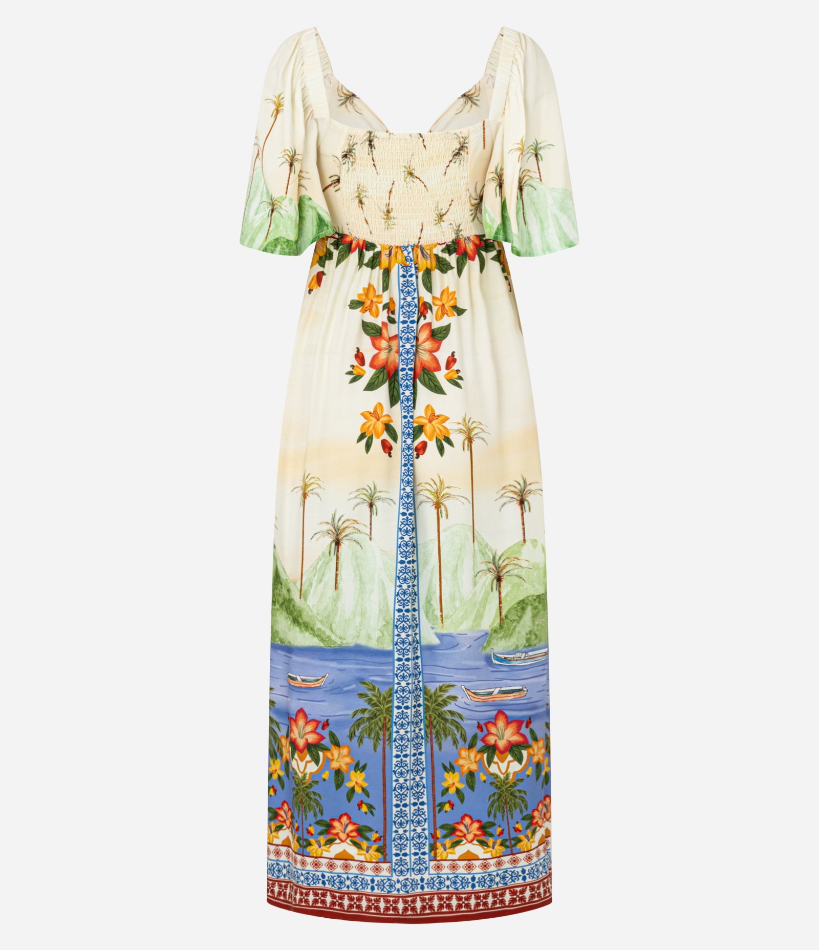 Vestido New Midi em Viscose com Estampa Tropical Bege 8