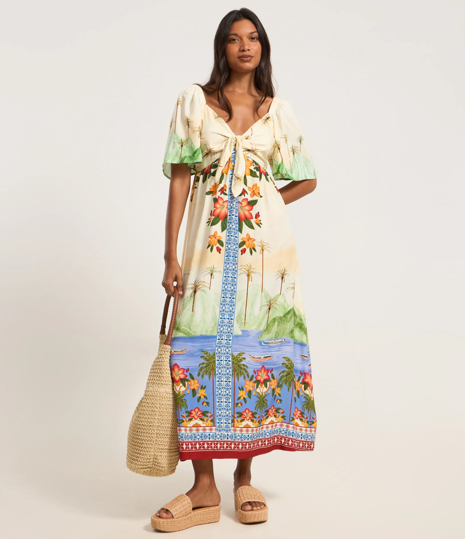 Vestido New Midi em Viscose com Estampa Tropical Bege 2