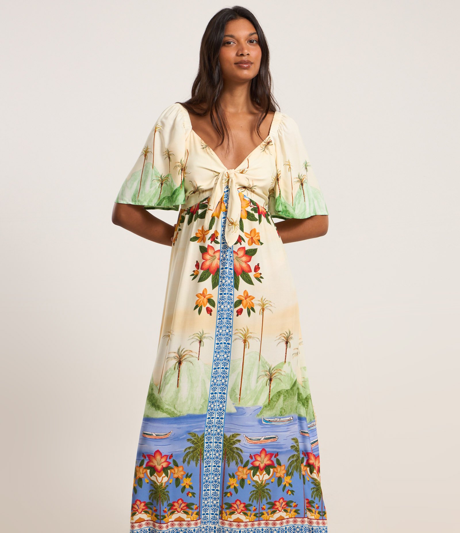 Vestido New Midi em Viscose com Estampa Tropical Bege 3