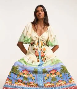 Vestido New Midi em Viscose com Estampa Tropical