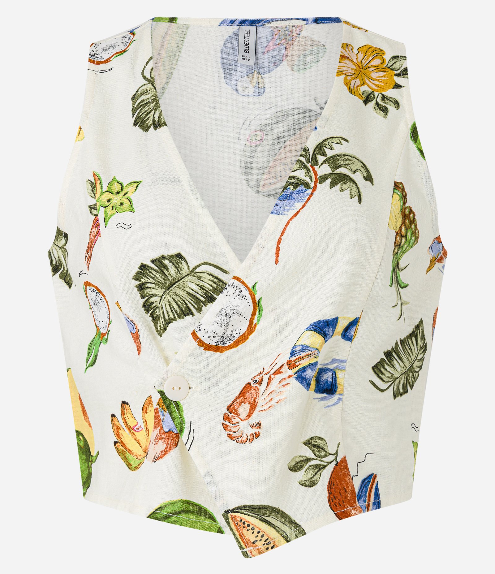 Colete Cropped em Viscose Transpassado com Estampa Tropical Bege 5