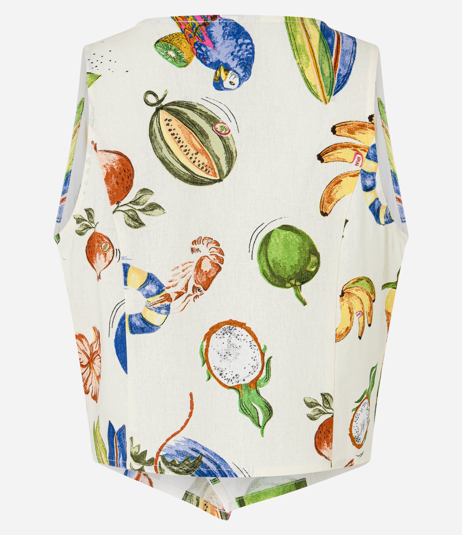 Colete Cropped em Viscose Transpassado com Estampa Tropical Bege 6