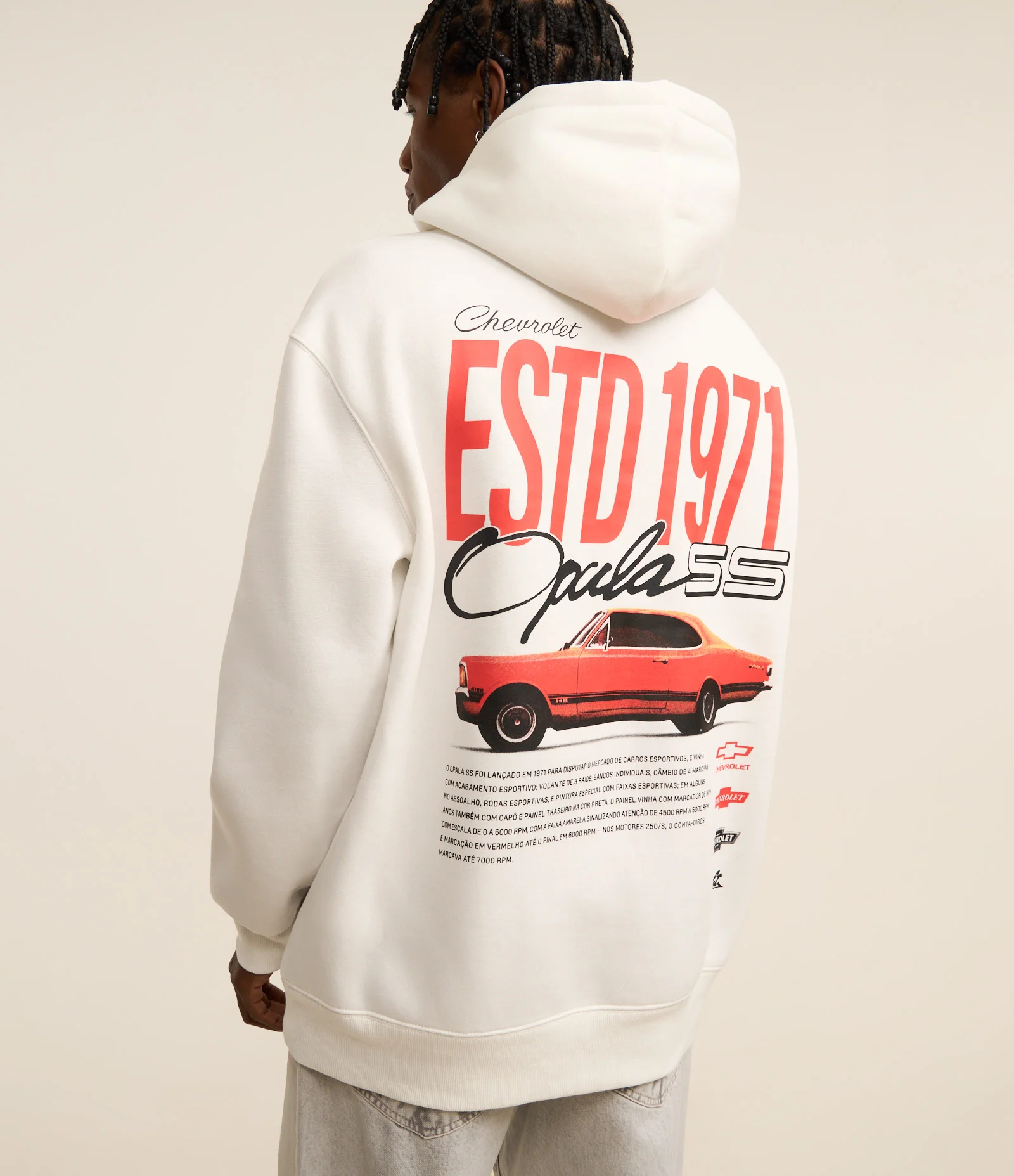Casaco Relaxed em Fleece com Felpa com Estampa Lettering Carro Chevrolet Off White 3