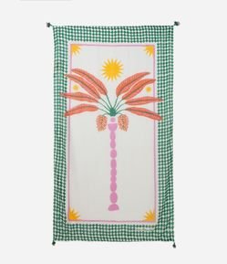 Canga Retangular em Chiffon com Estampa de Palmeira e Tassel