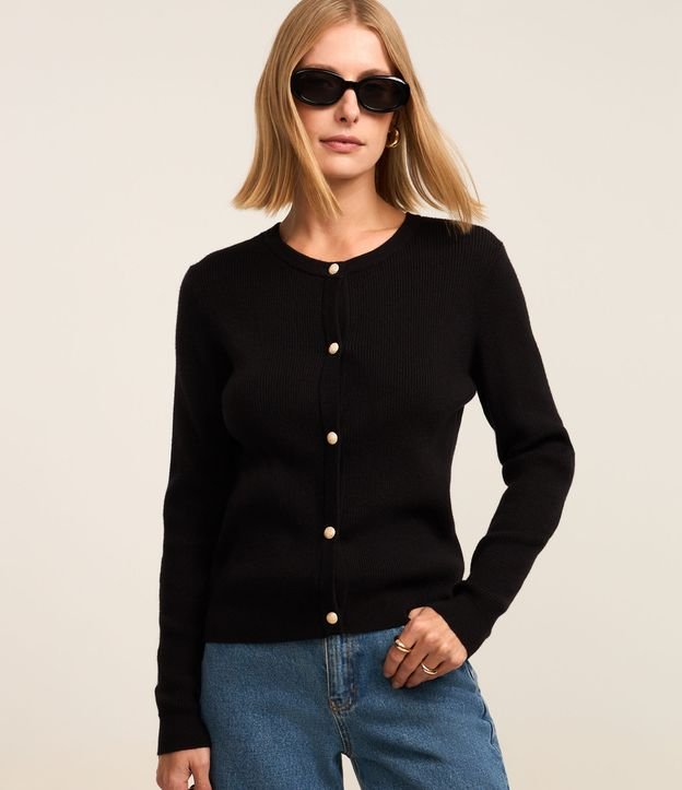 Cardigan Básico em Tricô Canelado com Botões Metalizados
