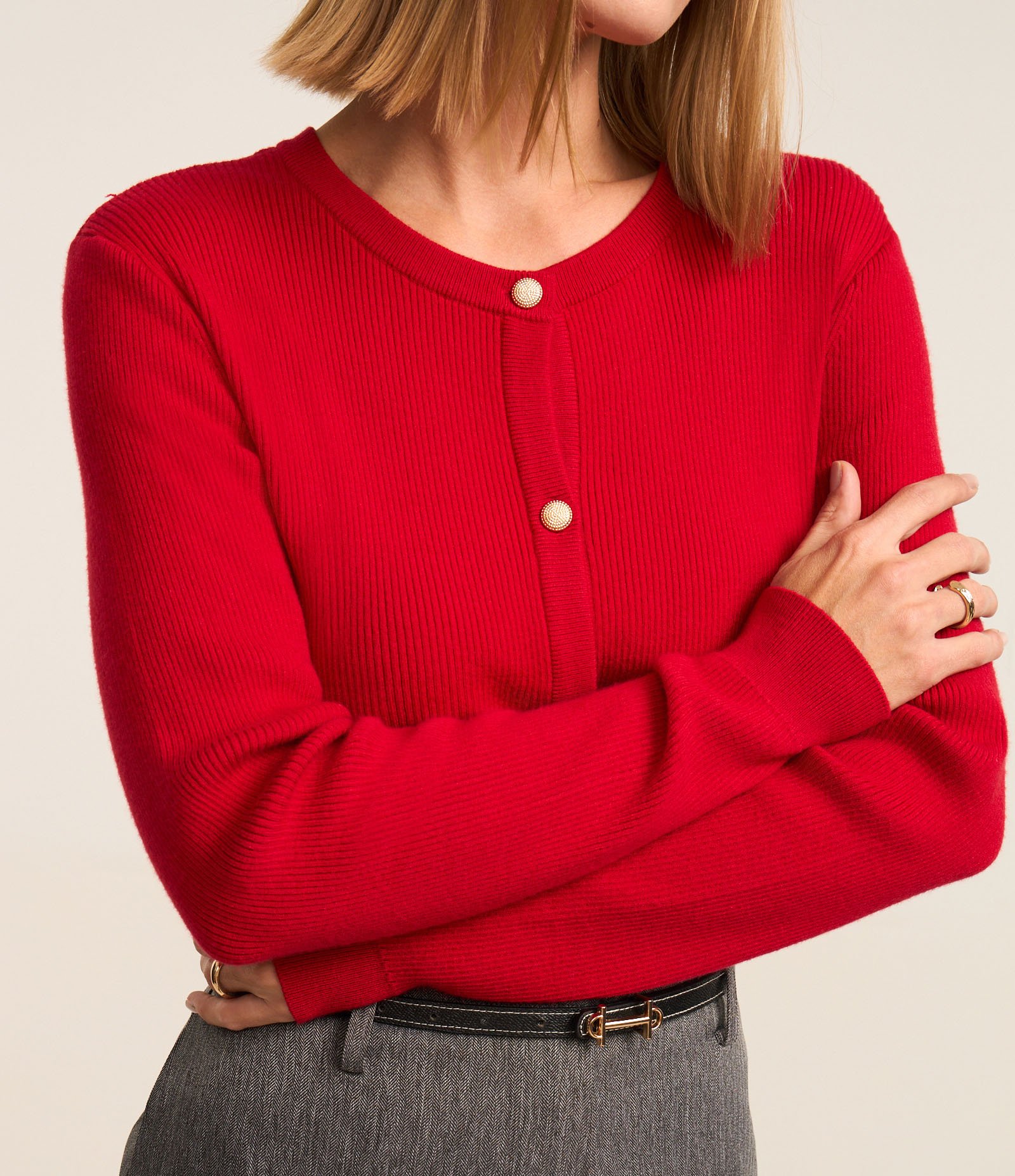 Cardigan Básico em Tricô Canelado com Botões Metalizados Vermelho 4