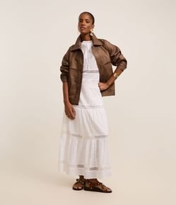 Saia Evasê Midi em Voal com Recorte Franzido e Entremeios