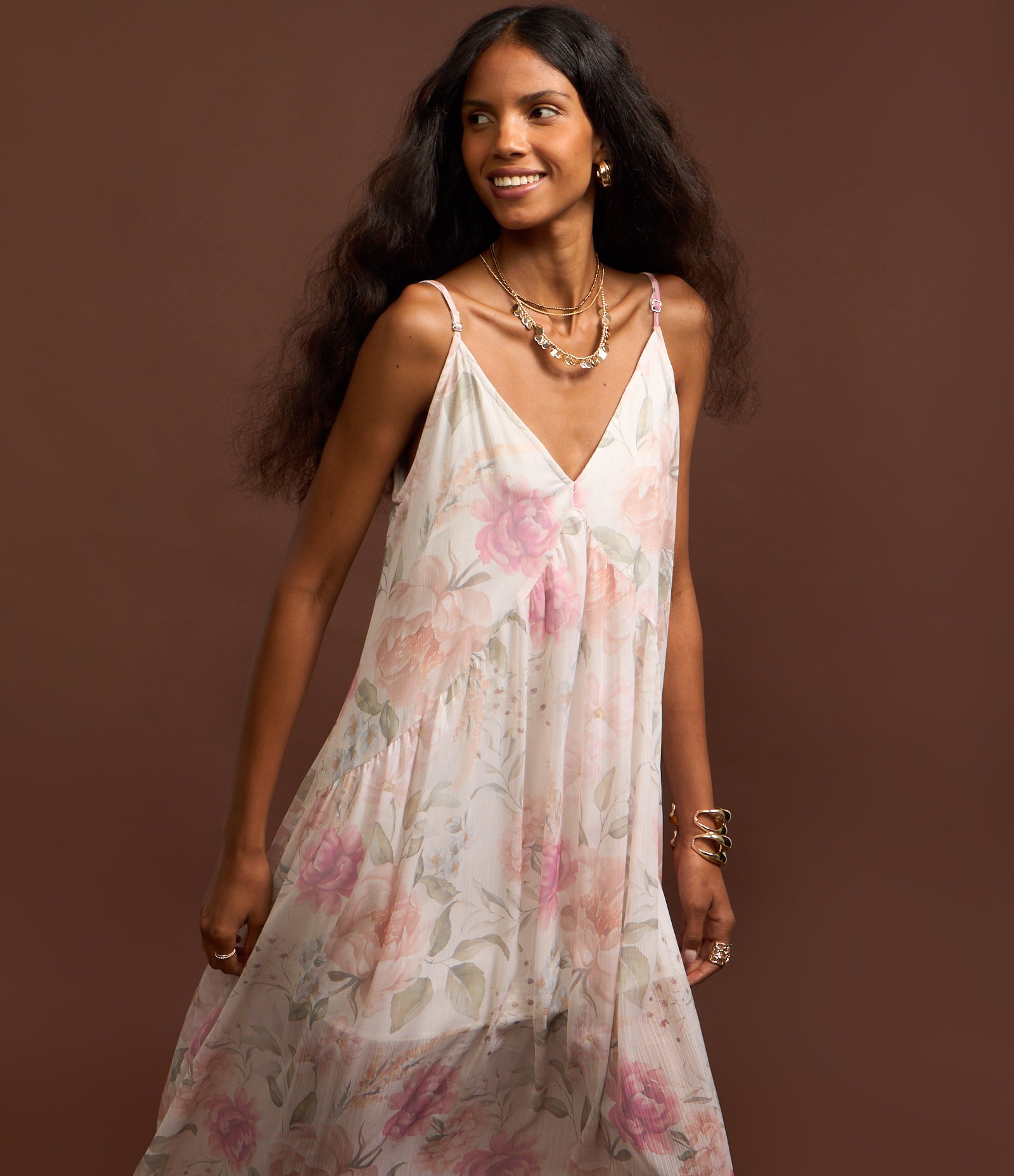 Vestido Midi com Decote em V e Estampa Floral Off White/Rosa/Verde 7