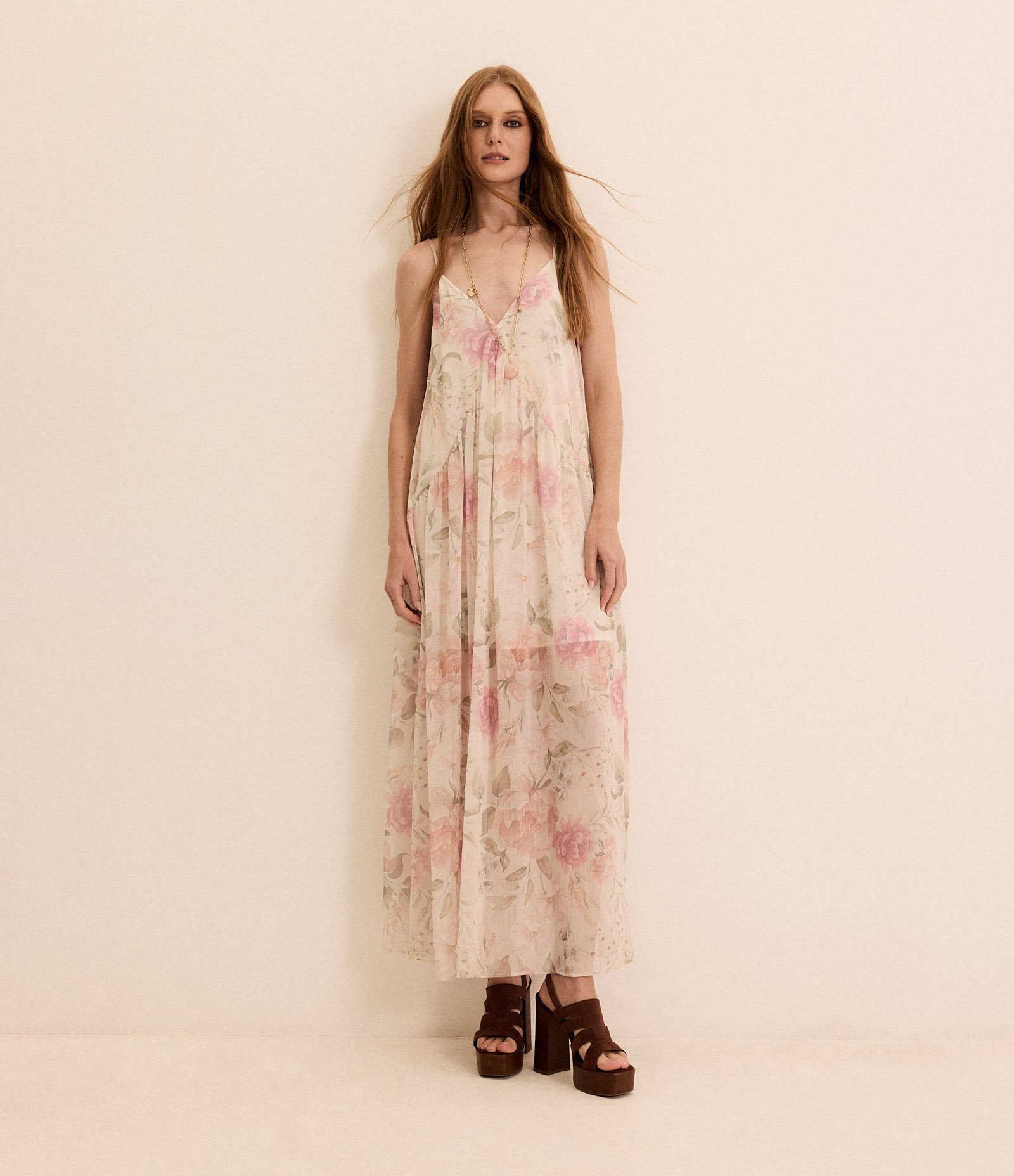 Vestido Midi com Decote em V e Estampa Floral Off White/Rosa/Verde 2