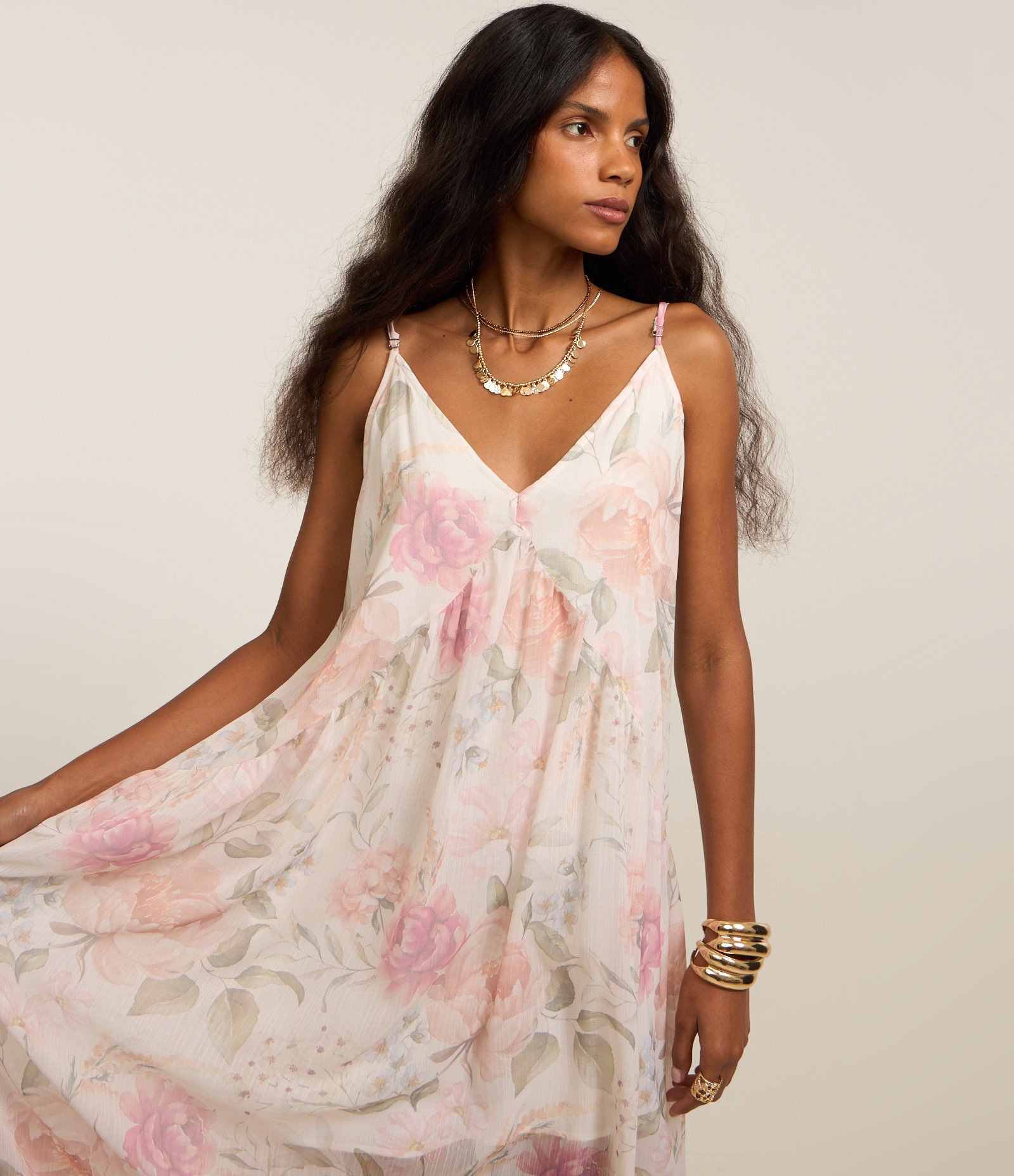 Vestido Midi com Decote em V e Estampa Floral Off White/Rosa/Verde 4