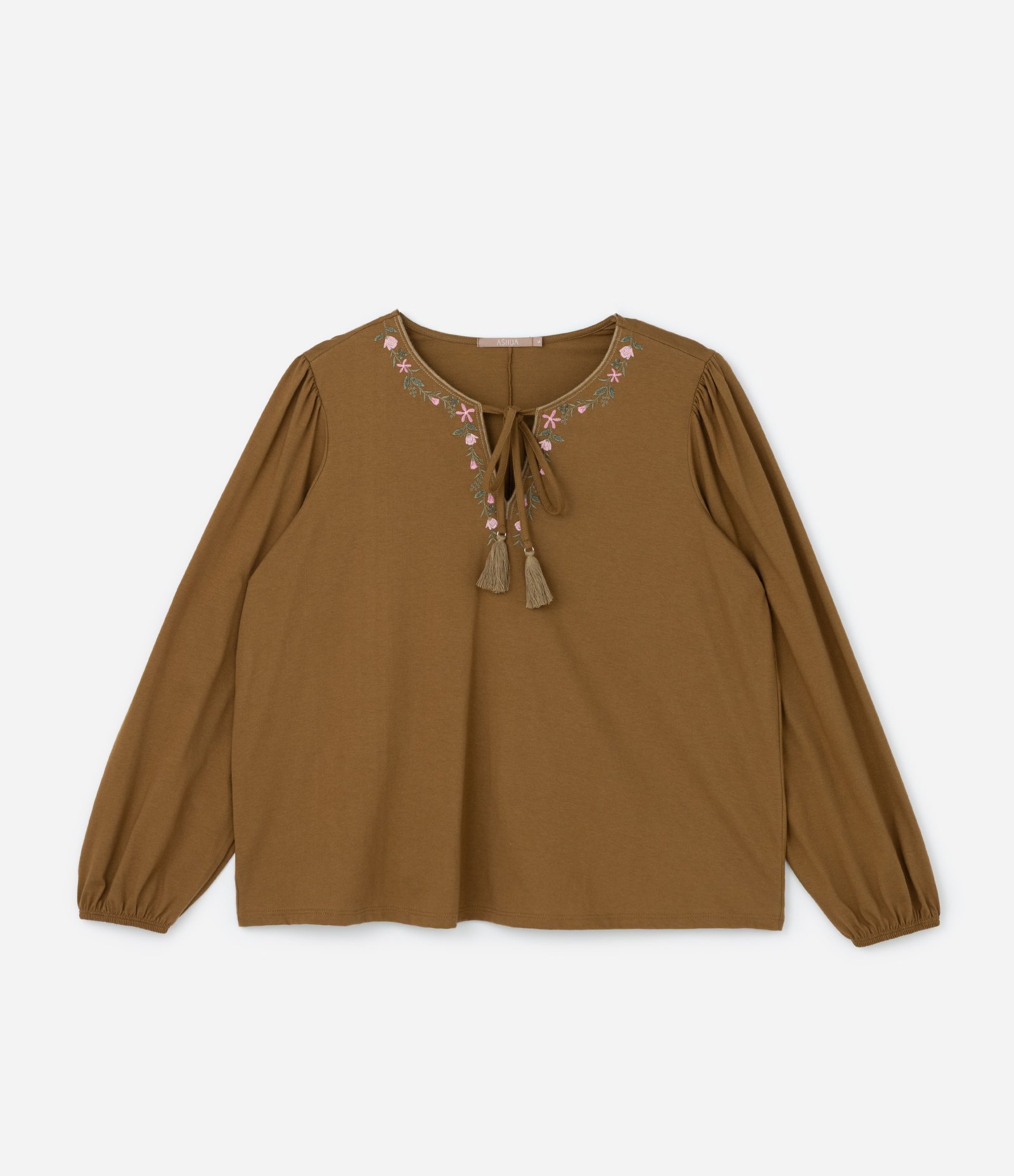Camisa Bordado de Flor na Gola e Amarração Curve & Plus Size Marrom 5