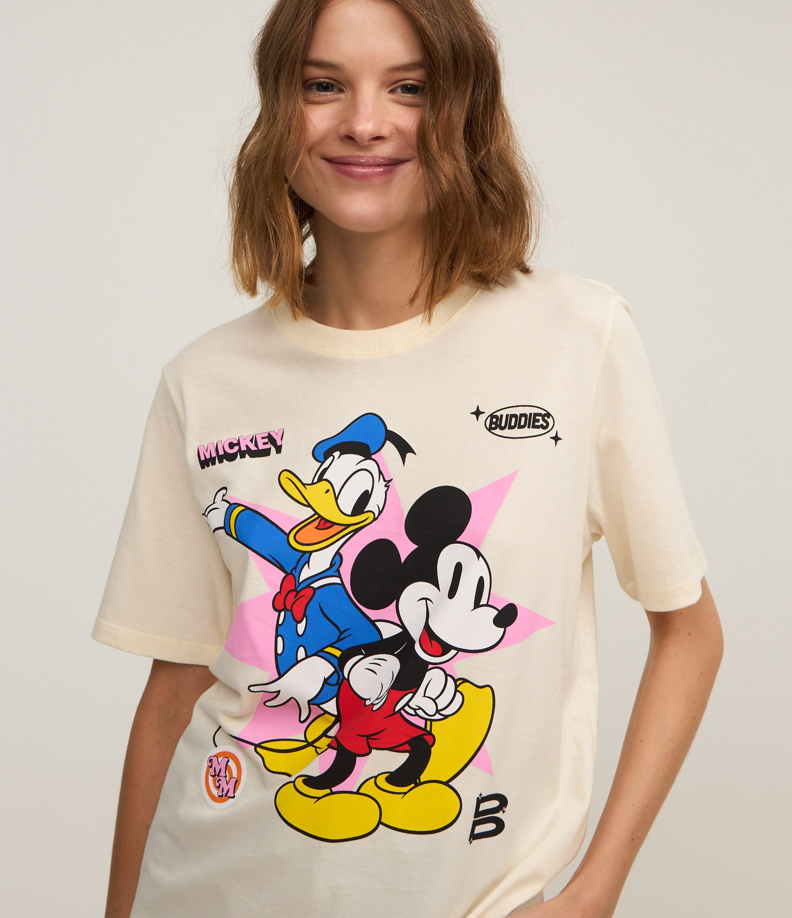 Camiseta Alongada em Algodão Estampa Mickey e Donald Off White 3