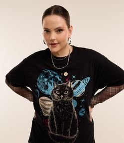 Camiseta T-shirt com Estampa de Gato Místico Curve & Plus Size