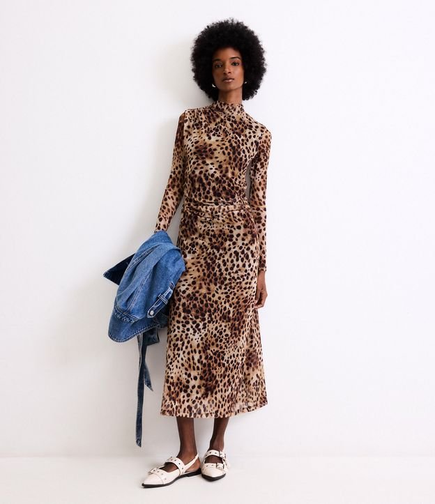 Vestido Evasê Midi em Tule com Estampa Onça