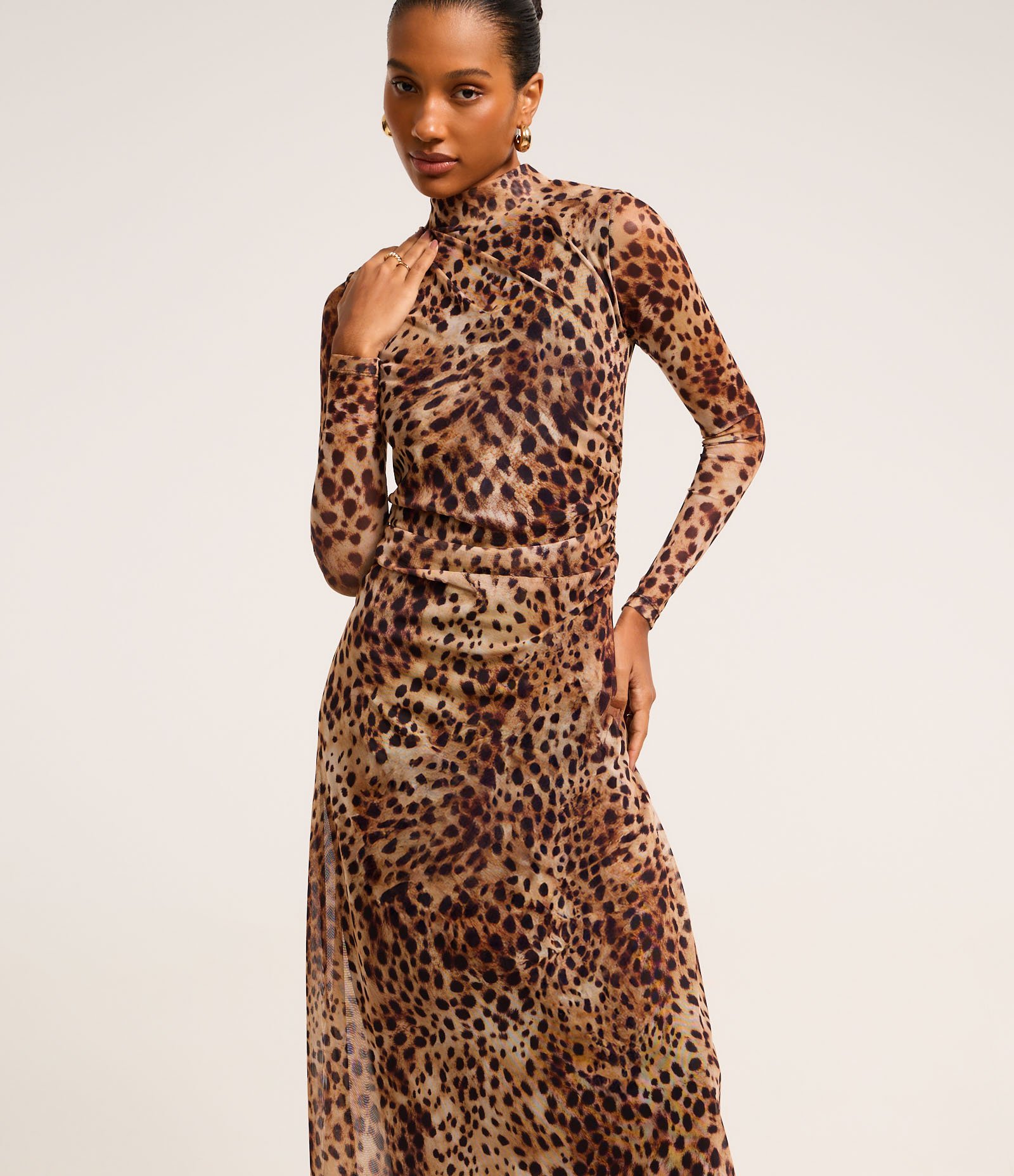 Vestido Evasê Midi em Tule com Estampa Onça Marrom 3