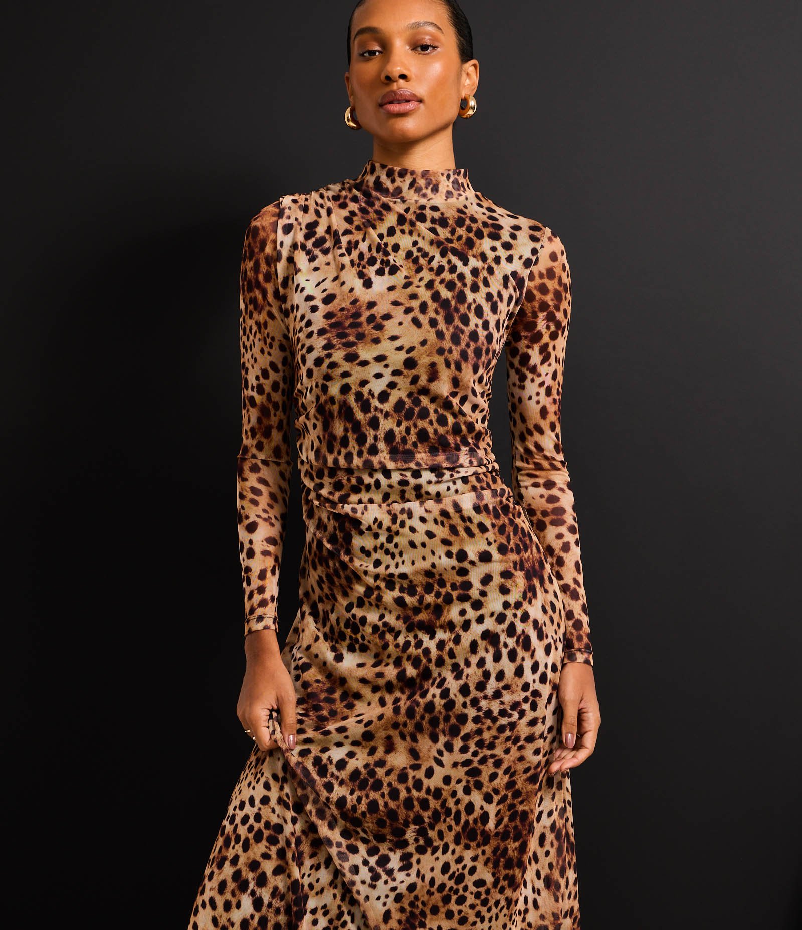 Vestido Evasê Midi em Tule com Estampa Onça Marrom 6