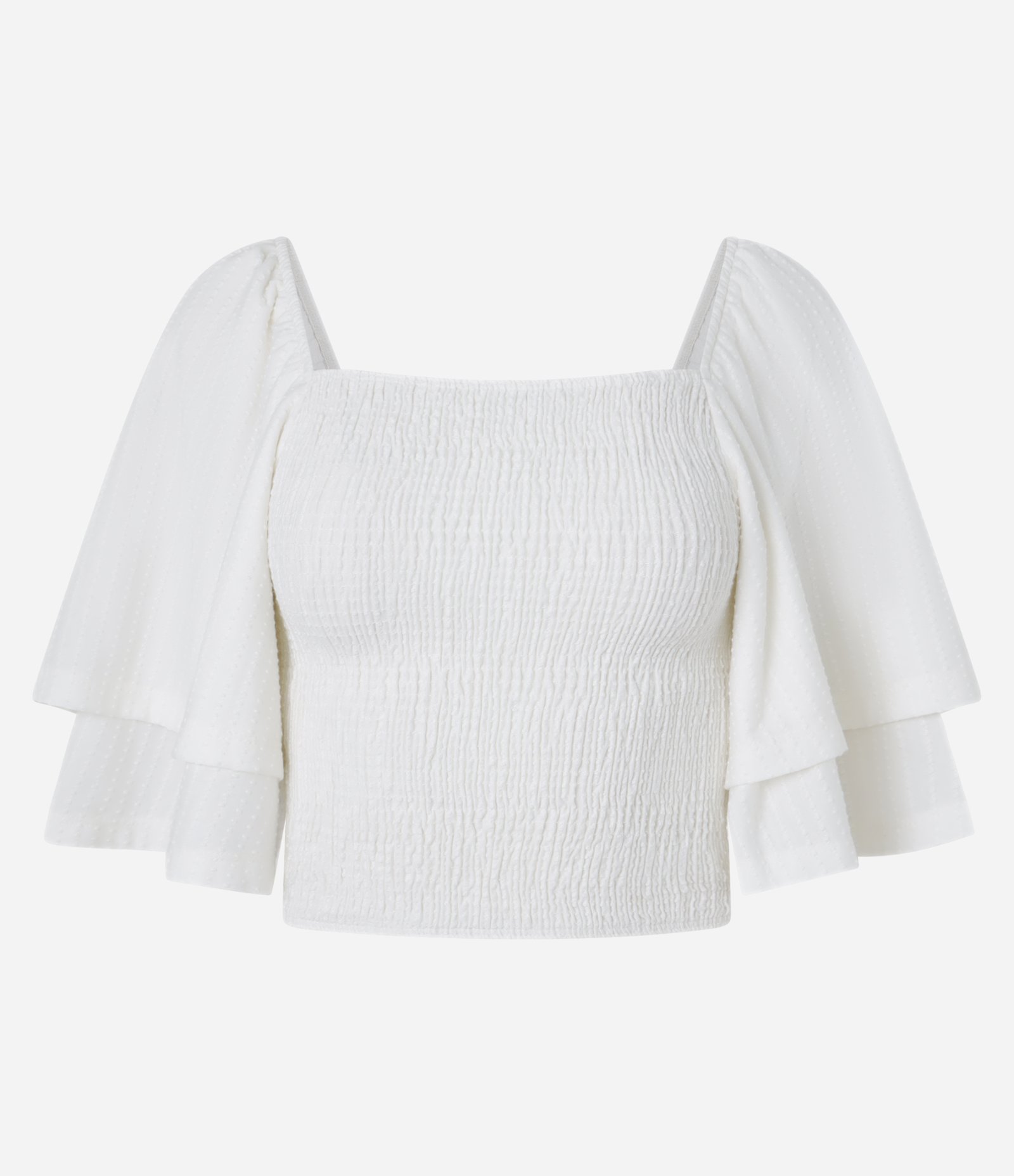 Blusa Curta Texturizado com Manga Godê e Lastex Branco 1