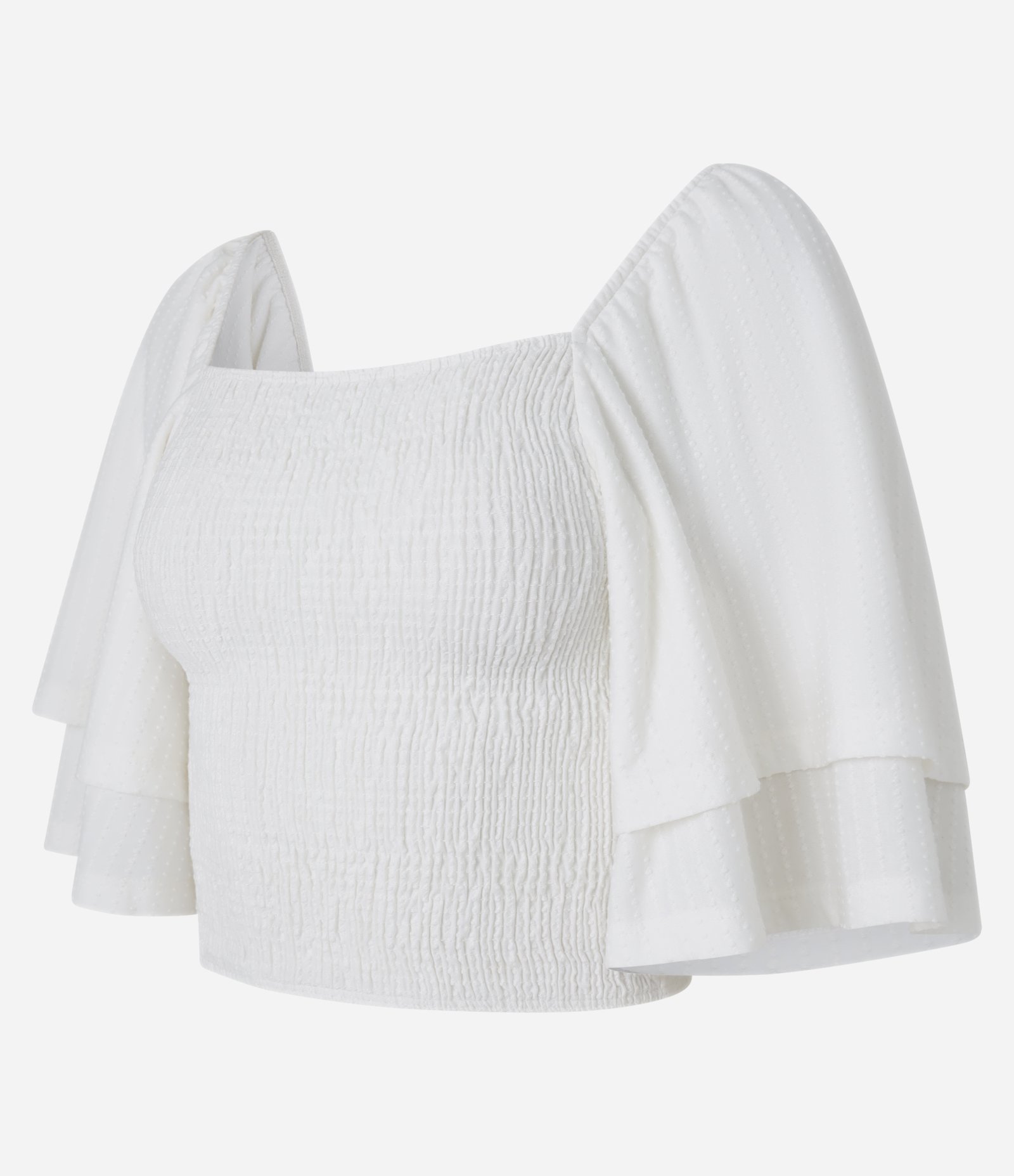 Blusa Curta Texturizado com Manga Godê e Lastex Branco 2