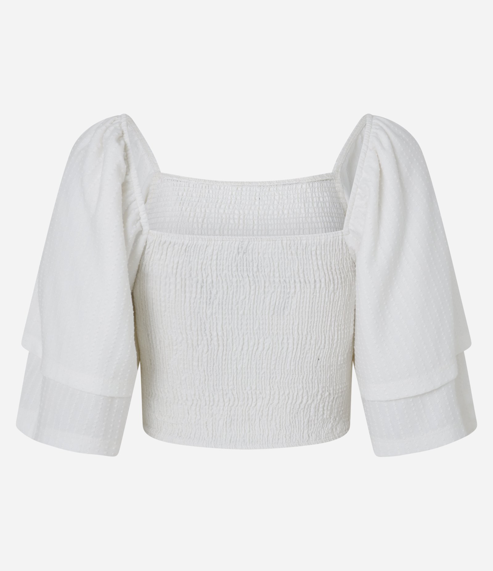 Blusa Curta Texturizado com Manga Godê e Lastex Branco 3