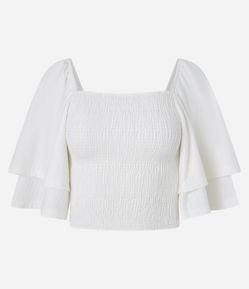 Blusa Curta Texturizado com Manga Godê e Lastex