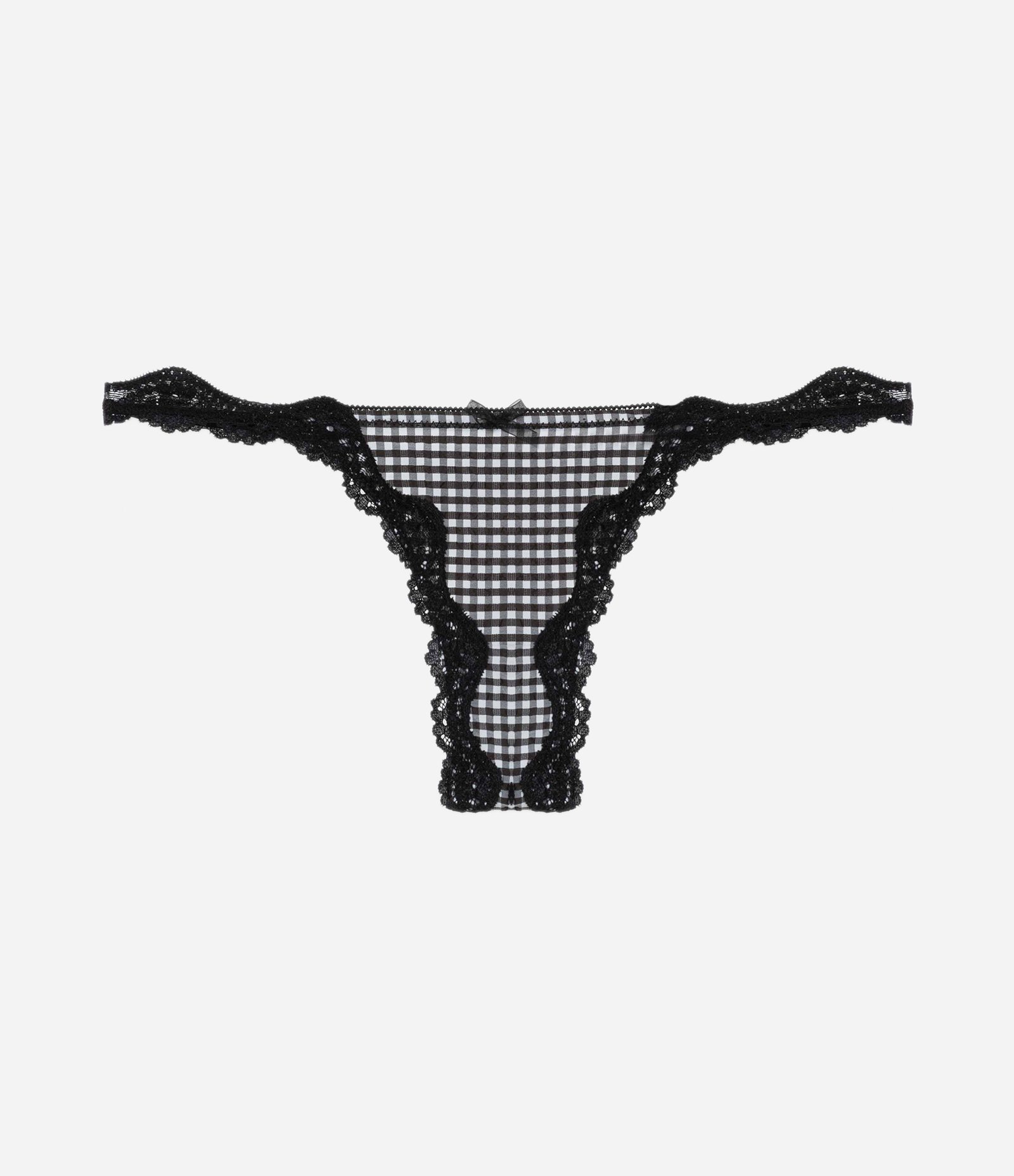 Calcinha String Fio Dental com Renda e Estampa Xadrez Vichy Preto/Branco 5