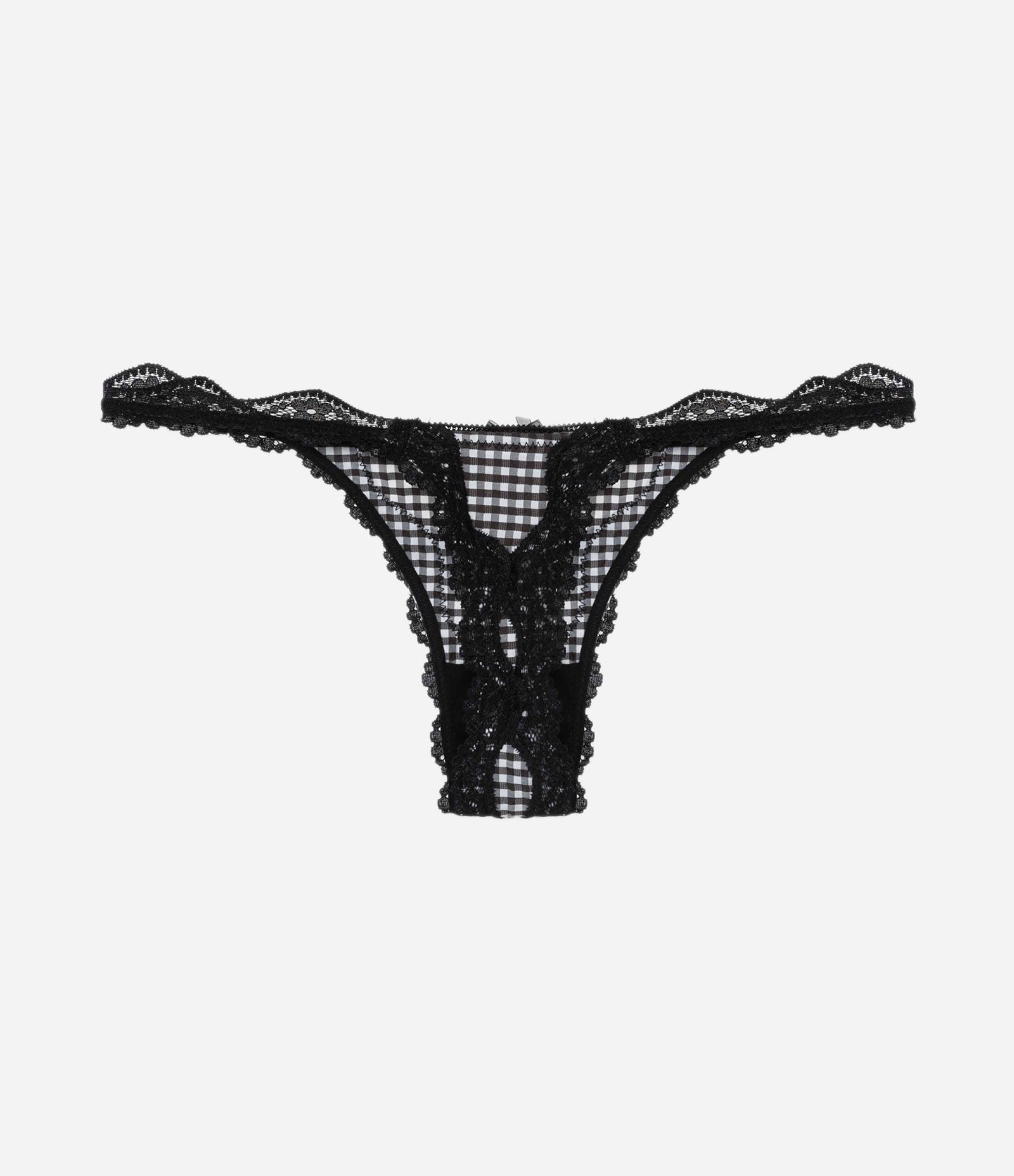 Calcinha String Fio Dental com Renda e Estampa Xadrez Vichy Preto/Branco 6