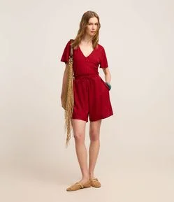 Short Reto Cintura Alta com Elástico Amarração e Bolso com Lapelas