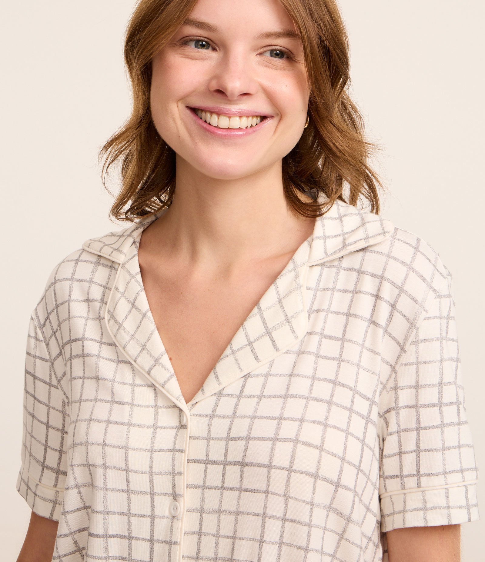 Pijama ShortDoll Americano Estampa Xadrez Grid Branco 2