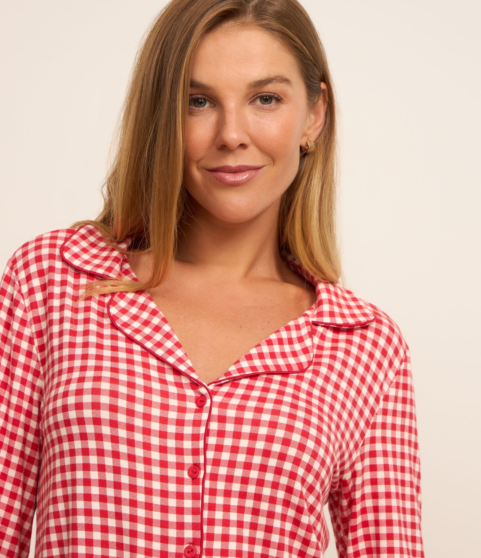 Pijama Americano Longo em Viscose Estampada Xadrez Vichy Vermelho 2