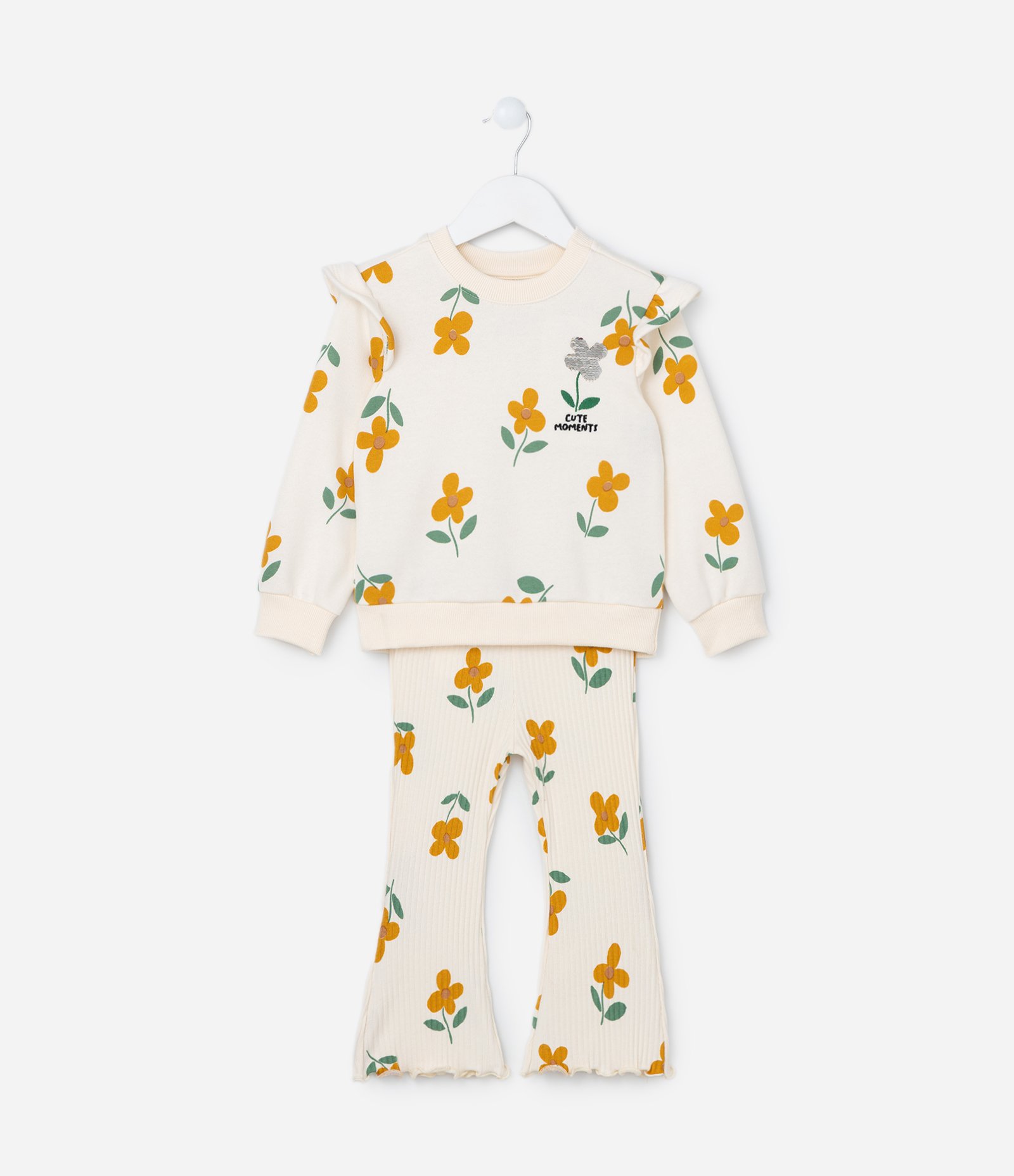 Conjunto Infantil Canelado com Estampa Florzinhas - Tam 1 a 6 Anos Bege 1