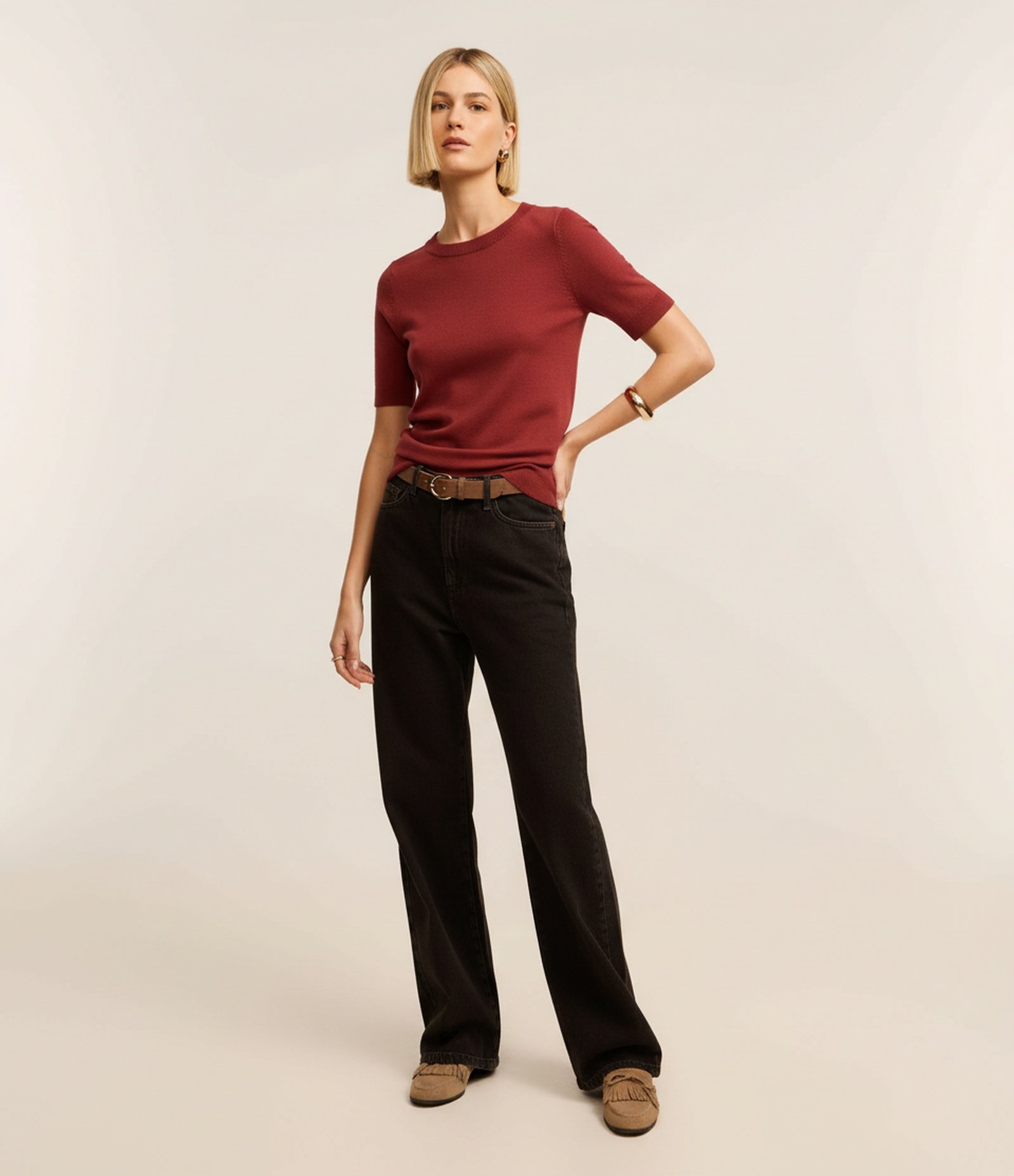 Blusa Básica em Tricô com Barra Canelada Telha 4