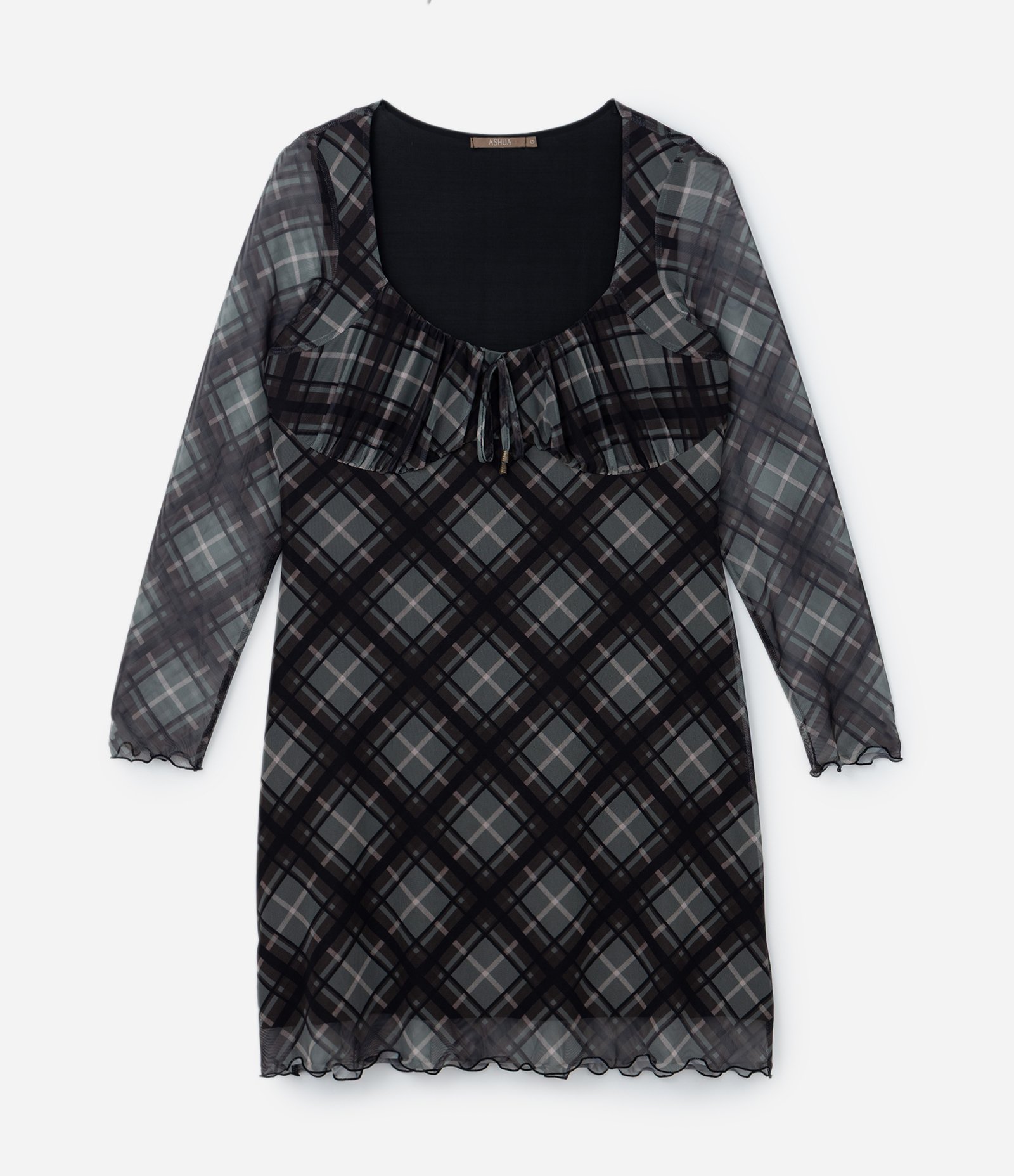 Vestido Curto em Tule Xadrez com Lacinho Curve & Plus Size Preto/Verde 6